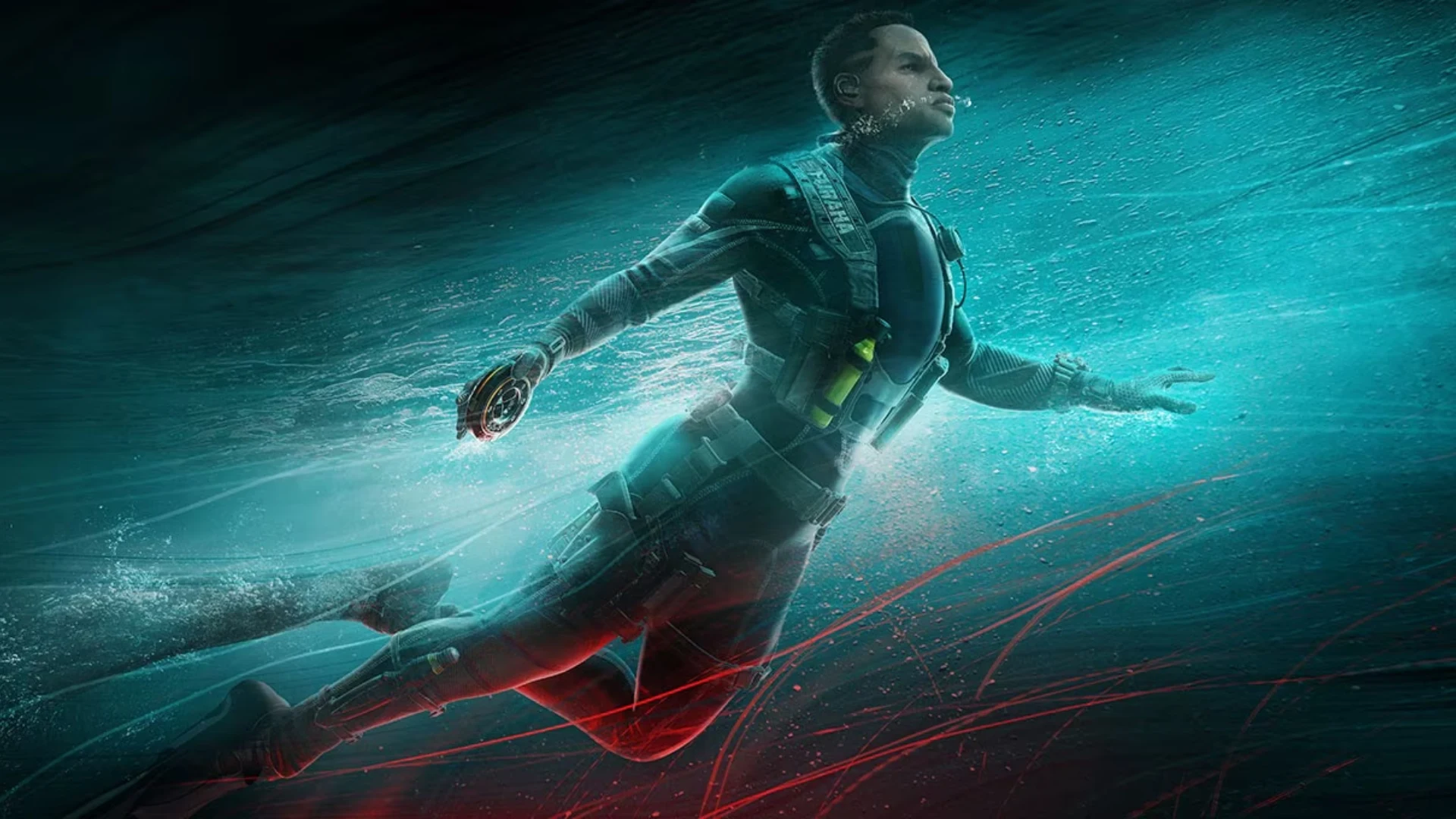 Wamai moves underwater while holding his Mag-NET device in Rainbow Six promotional artwork.