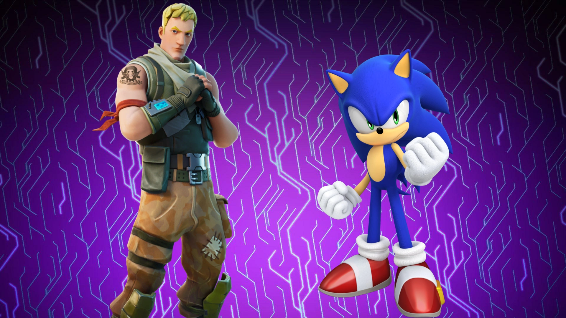 Sonic the Hedgehog stands beside a Fortnite character against a purple digital background.