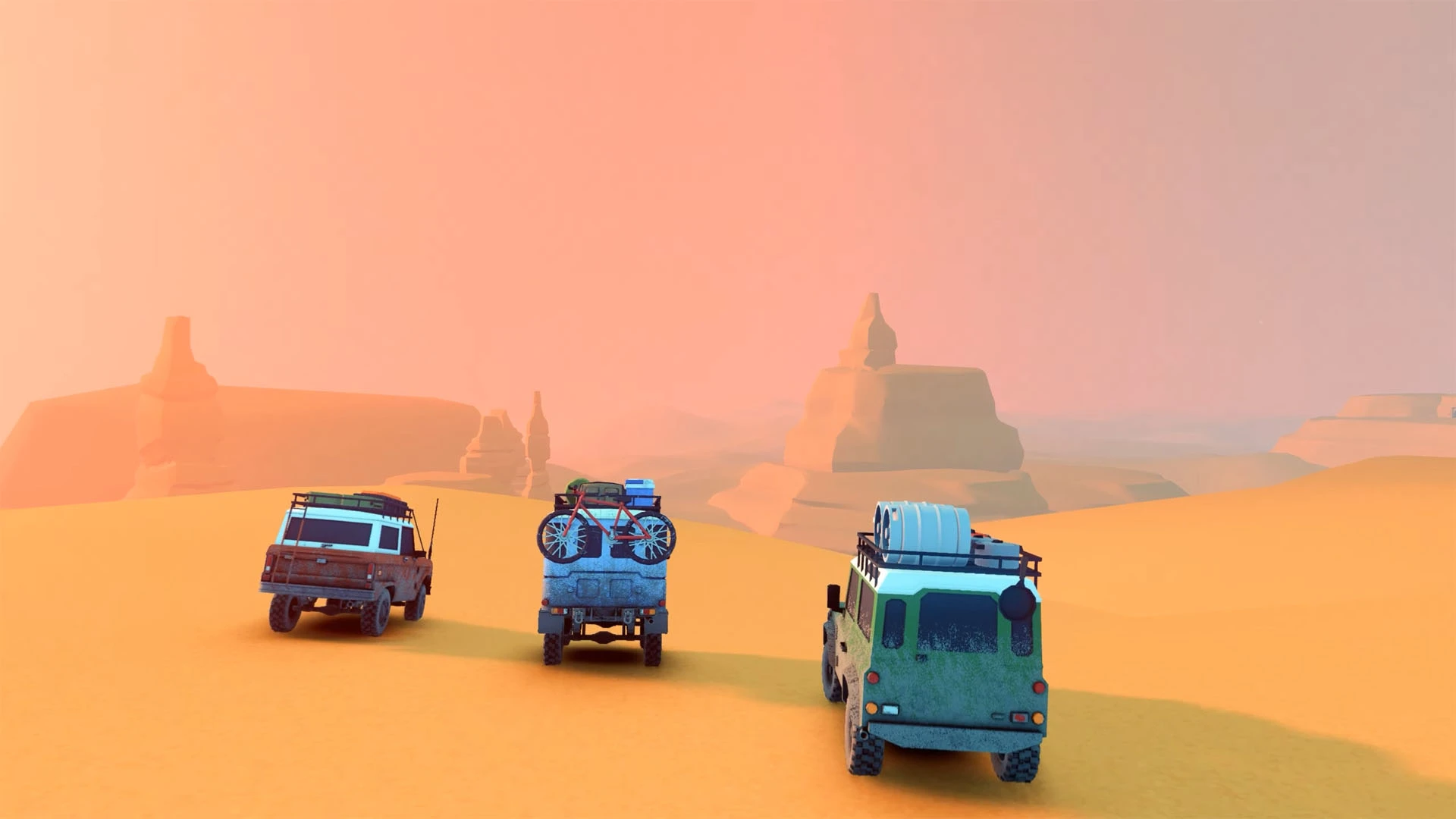 Three equipped off-road vehicles drive across orange desert dunes in Over the Hill.