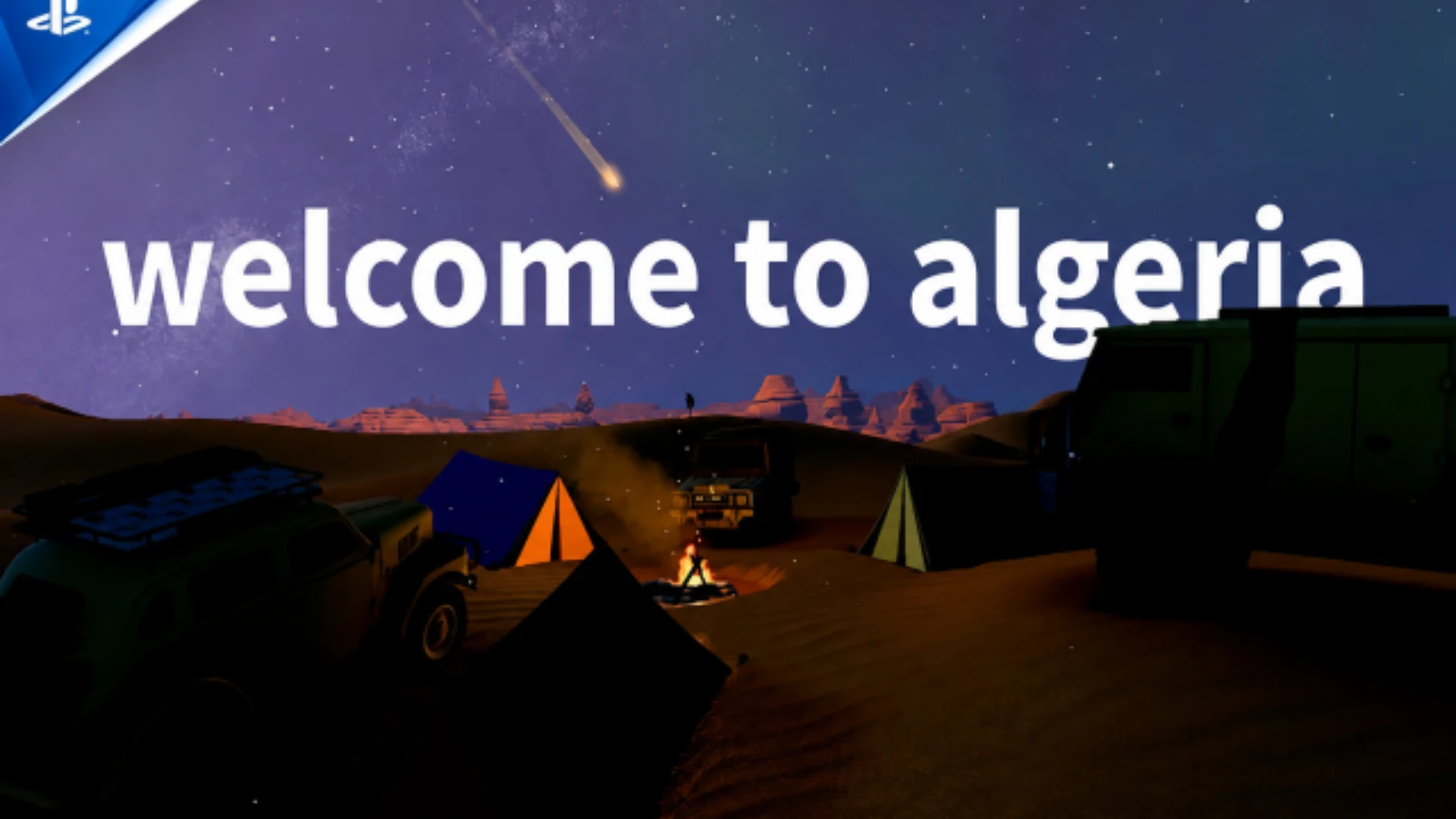 Off-road vehicles and tents sit in an Algerian desert camp beneath a starry sky in Over the Hill.