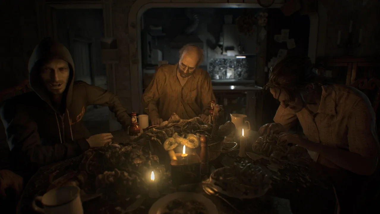 Resident Evil 7 dinner scene with Ethan surrounded by the Baker family.