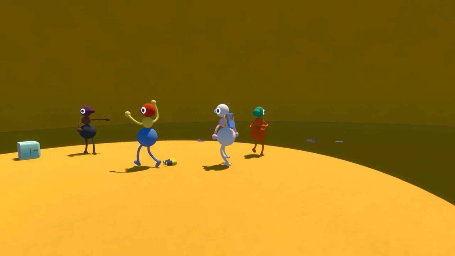 Four colorful Big Walk characters stand together inside a large yellow area during a multiplayer session.