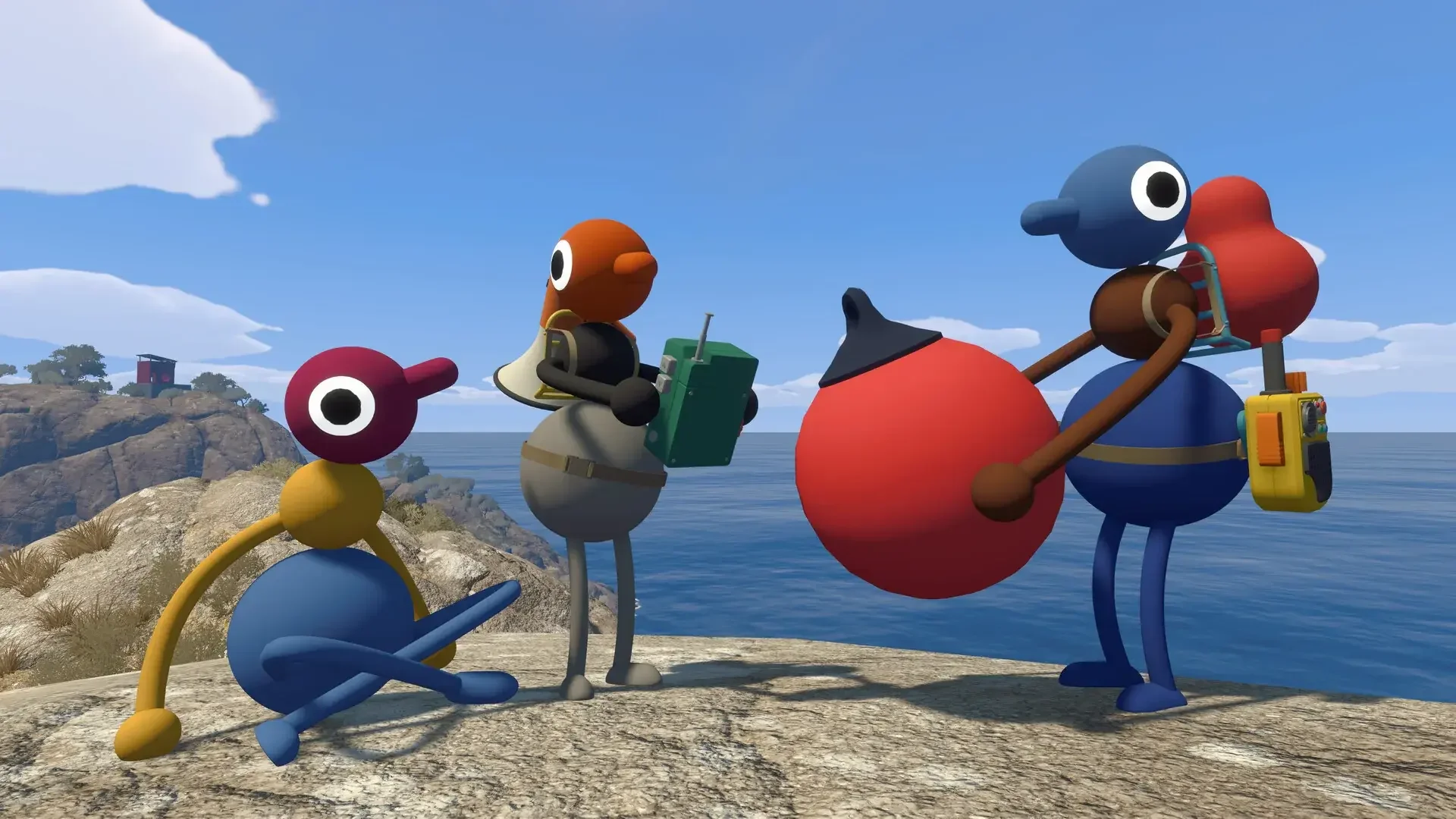 Three Big Walk characters stand on a coastal cliff carrying equipment and communication tools.