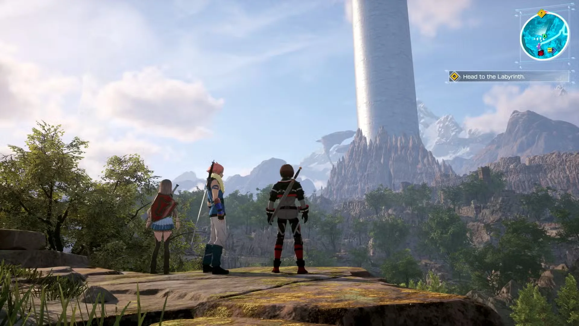 Three characters look across a fantasy landscape toward a massive tower in Sword Art Online: Echoes of Aincrad.