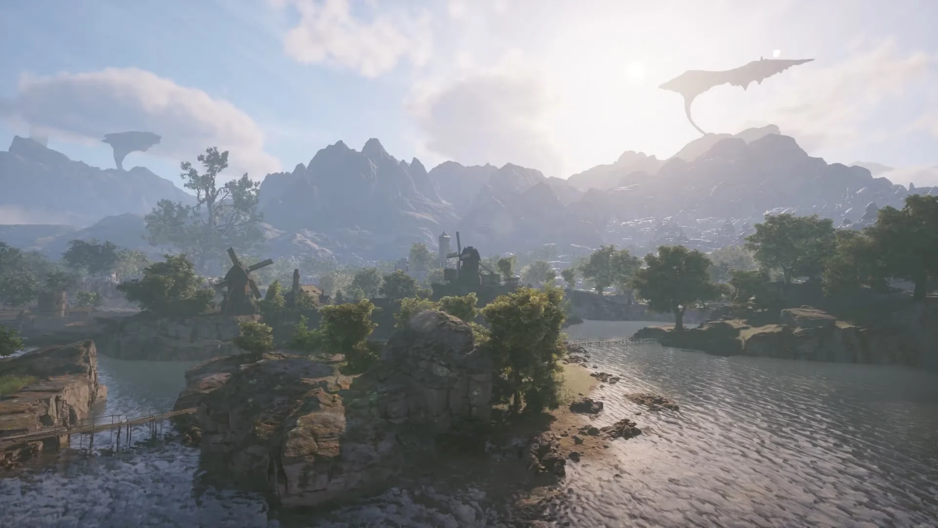 A wide Sword Art Online landscape shows mountains, water, forests, windmills, and floating structures in the distance.