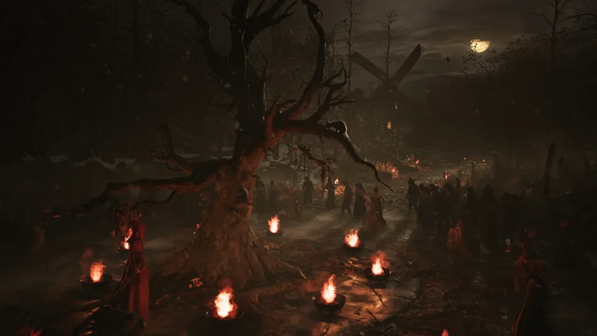 Hooded figures gather around fires beneath twisted trees during a dark nighttime ritual in 1666: Amsterdam.