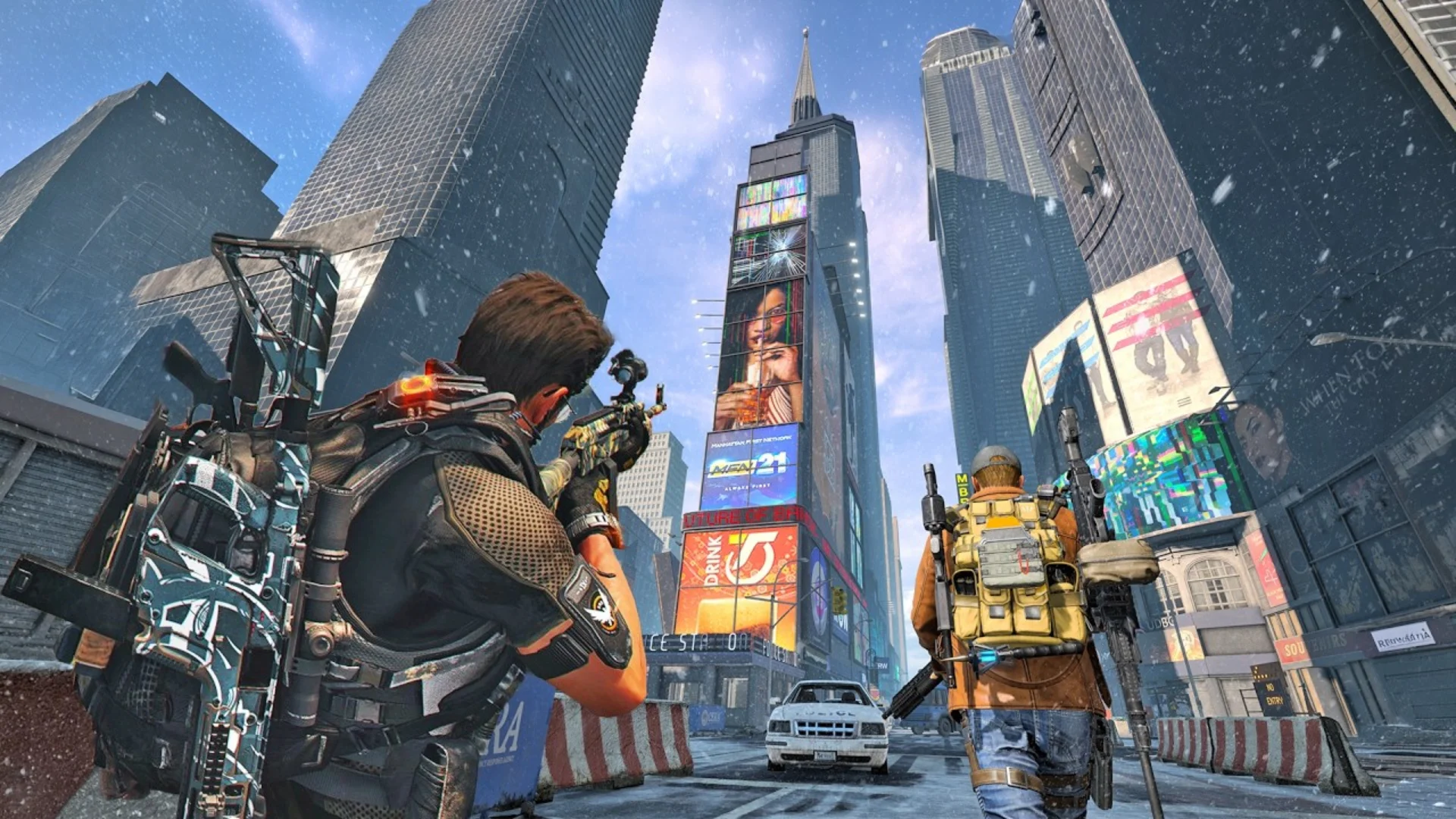 Two Division agents explore a snowy New York street surrounded by skyscrapers and digital billboards.