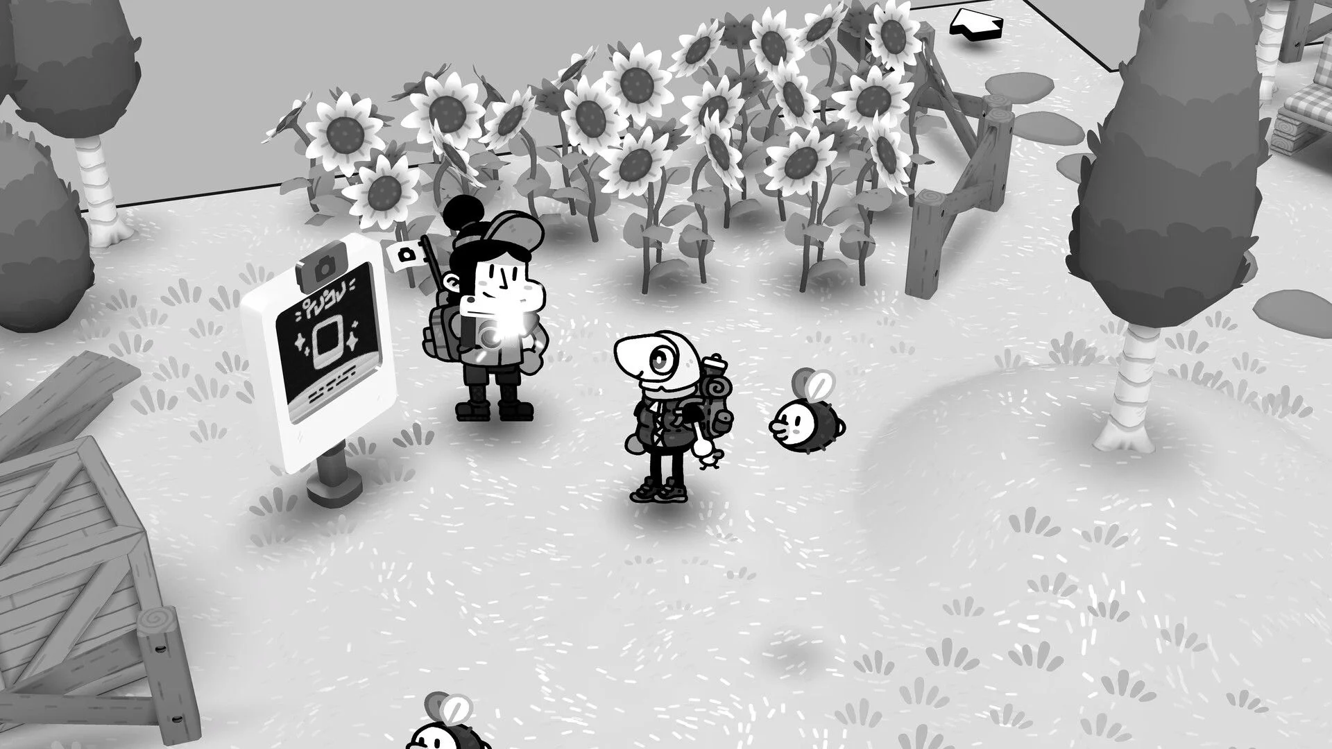 TOEM 2 photographer stands beside another character and a bee near sunflowers and a camera station.