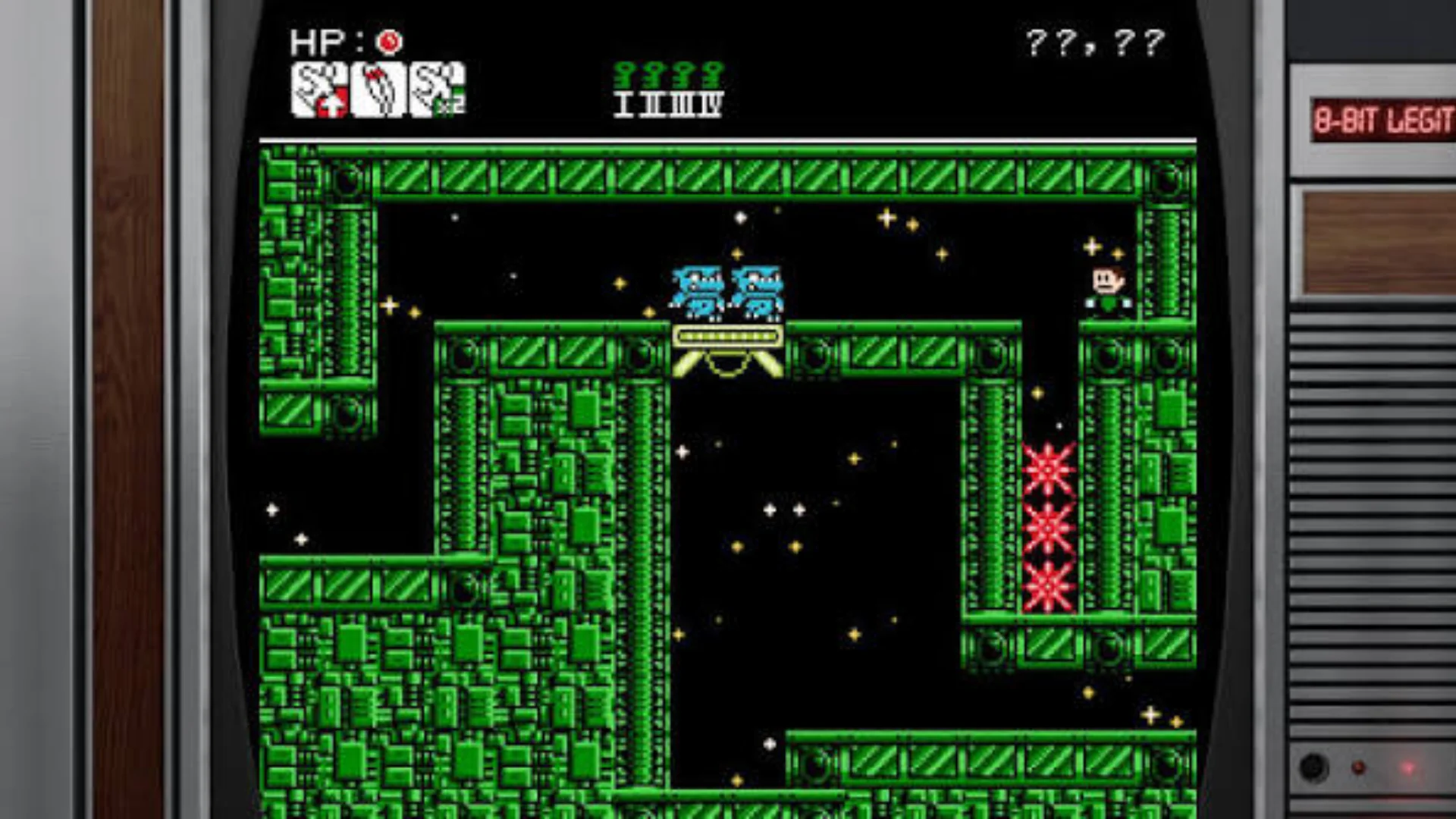 Knytt Classic gameplay shows a retro platforming area with green walls, hazards, enemies, and a small character.