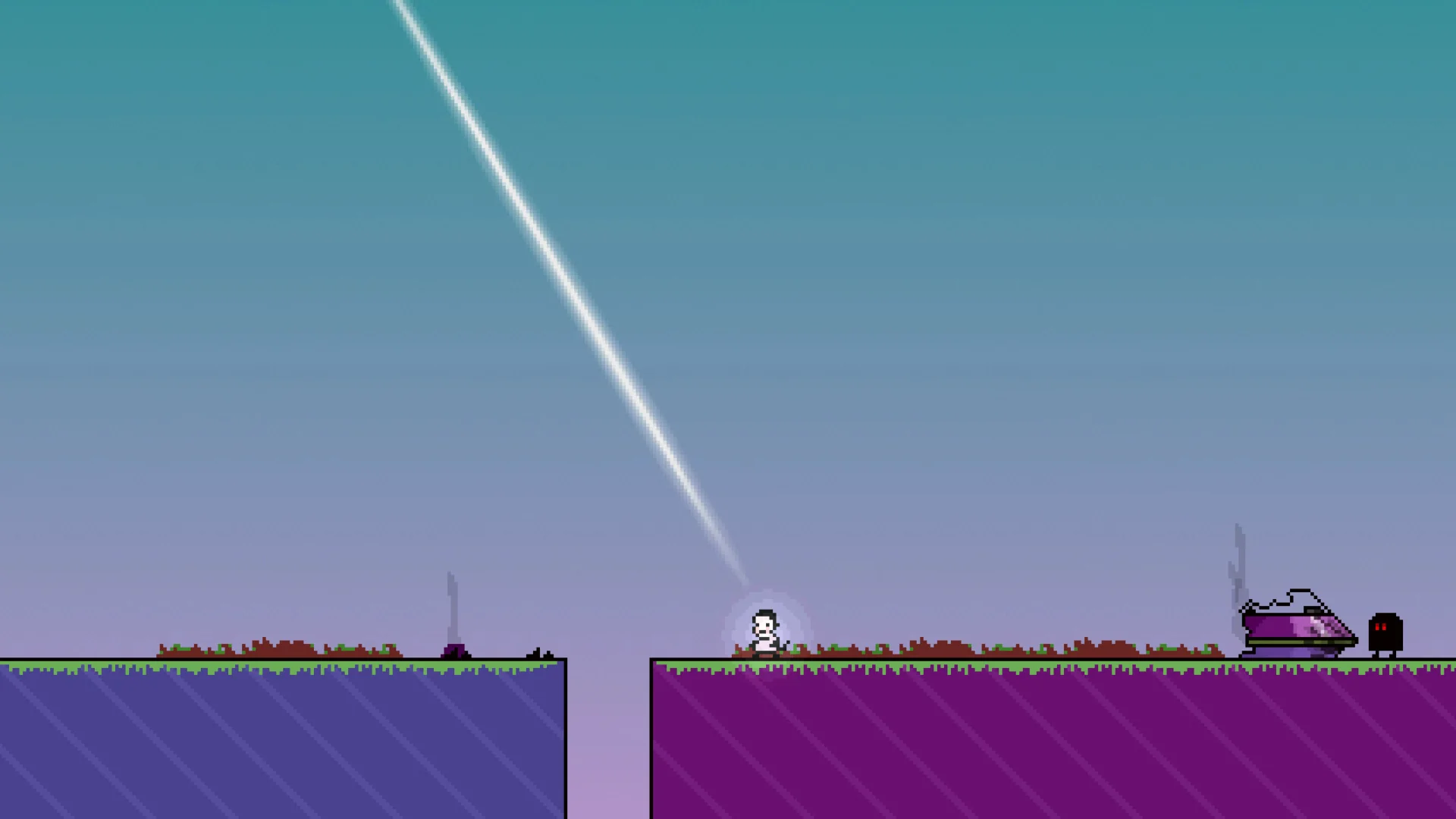 A small Knytt character stands near a purple spacecraft beneath a wide blue sky in a peaceful pixel-art landscape.
