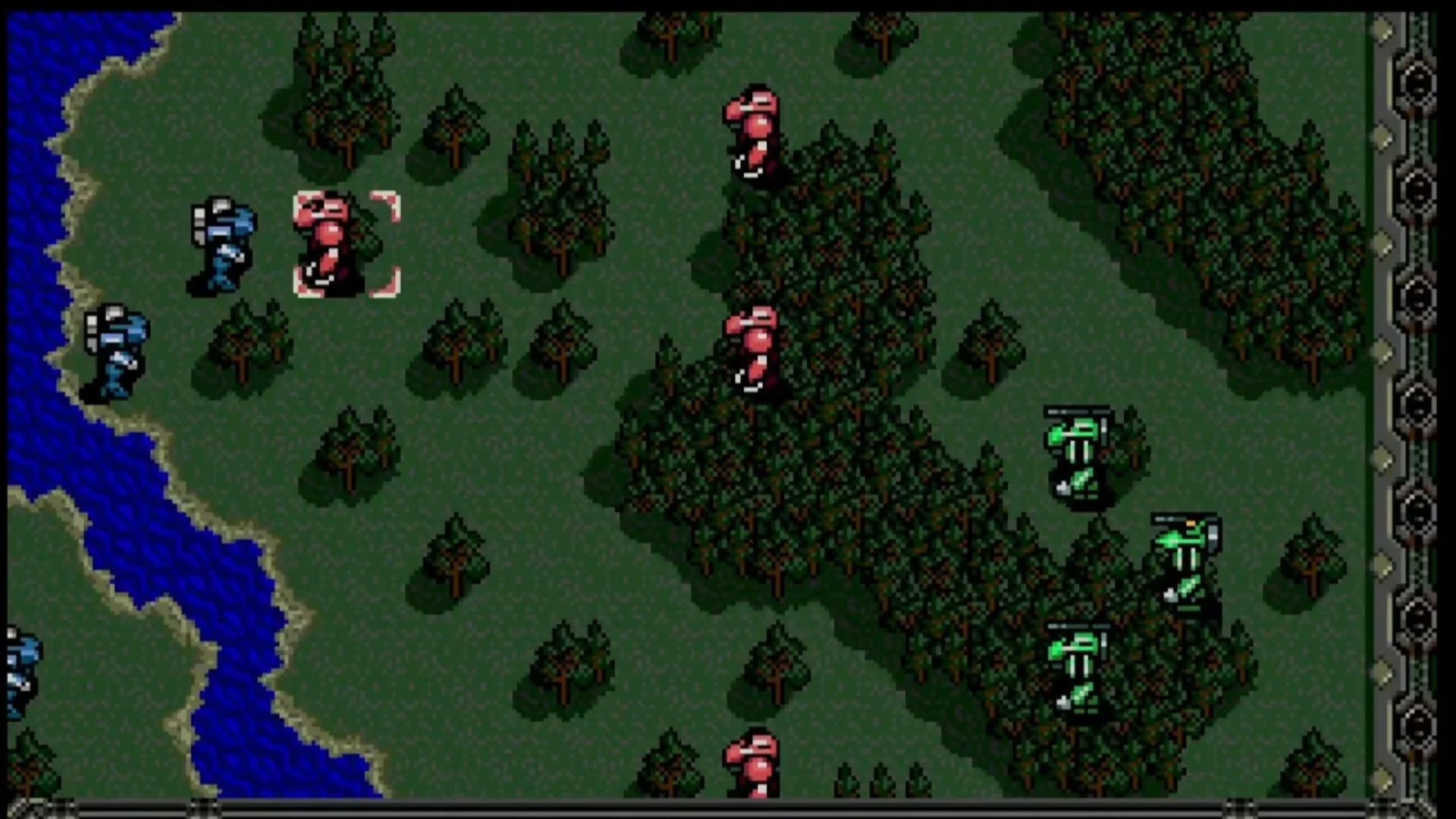 Red, blue and green VECTOR units battle across a forest map in Vixen 357.