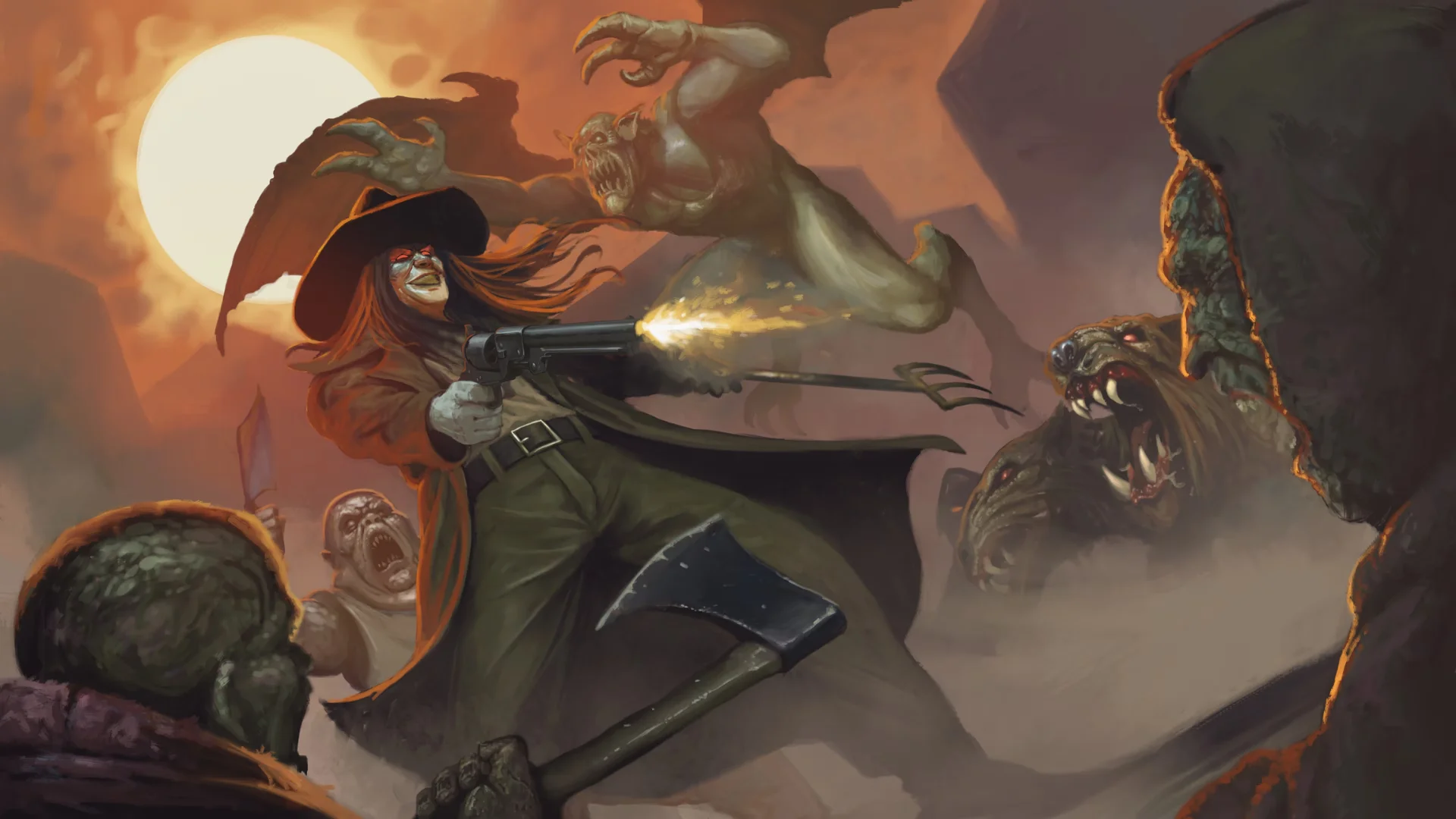 A gunslinger fires a pistol at monsters under a large moon in Blood: Refreshed Supply