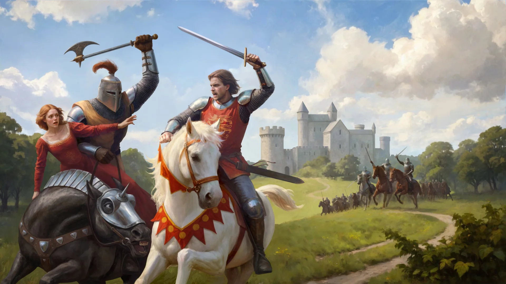 Medieval knights ride horses toward a castle as one knight raises his sword
