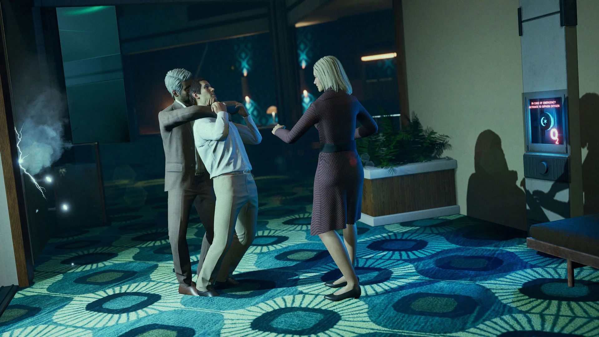 One character restrains another while a woman approaches inside the space liner in First Class Trouble.