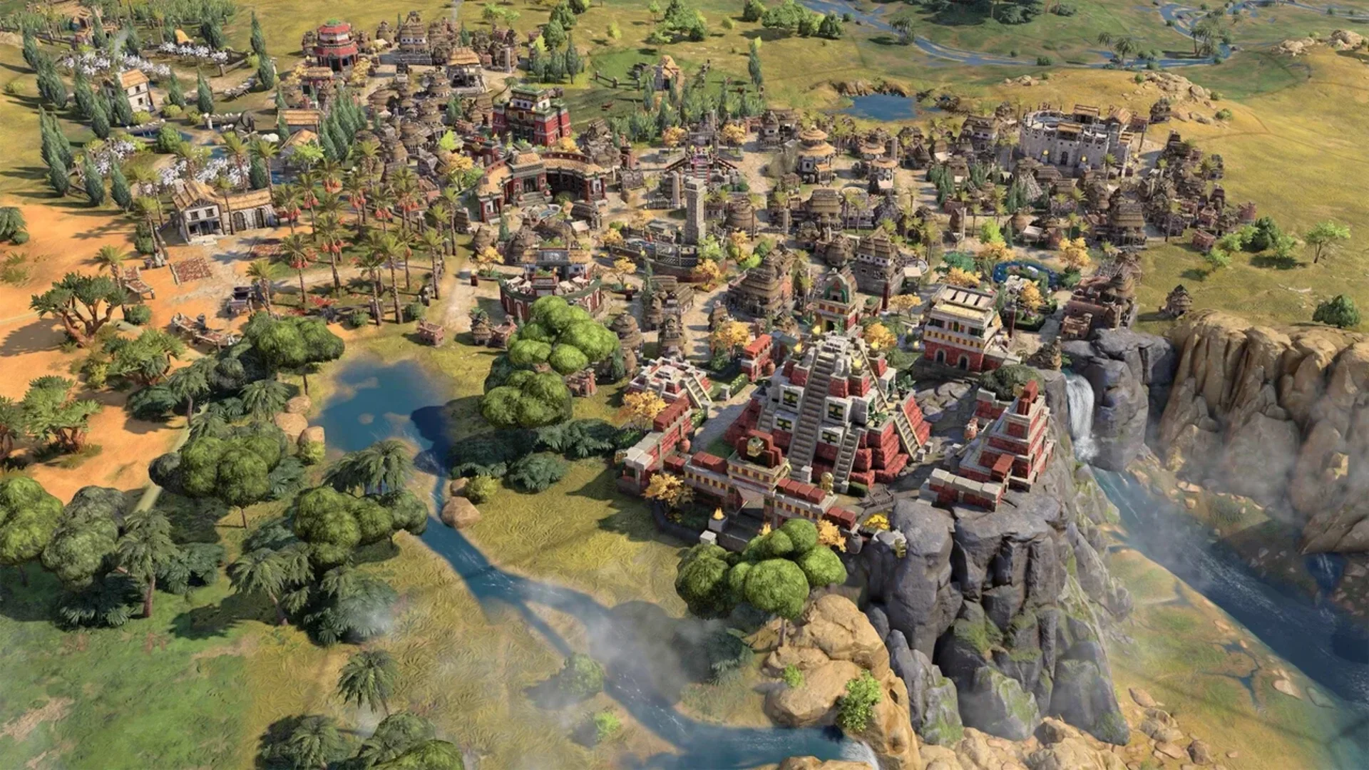 A large Civilization VII settlement spreads across rivers, cliffs, farms and surrounding countryside.
