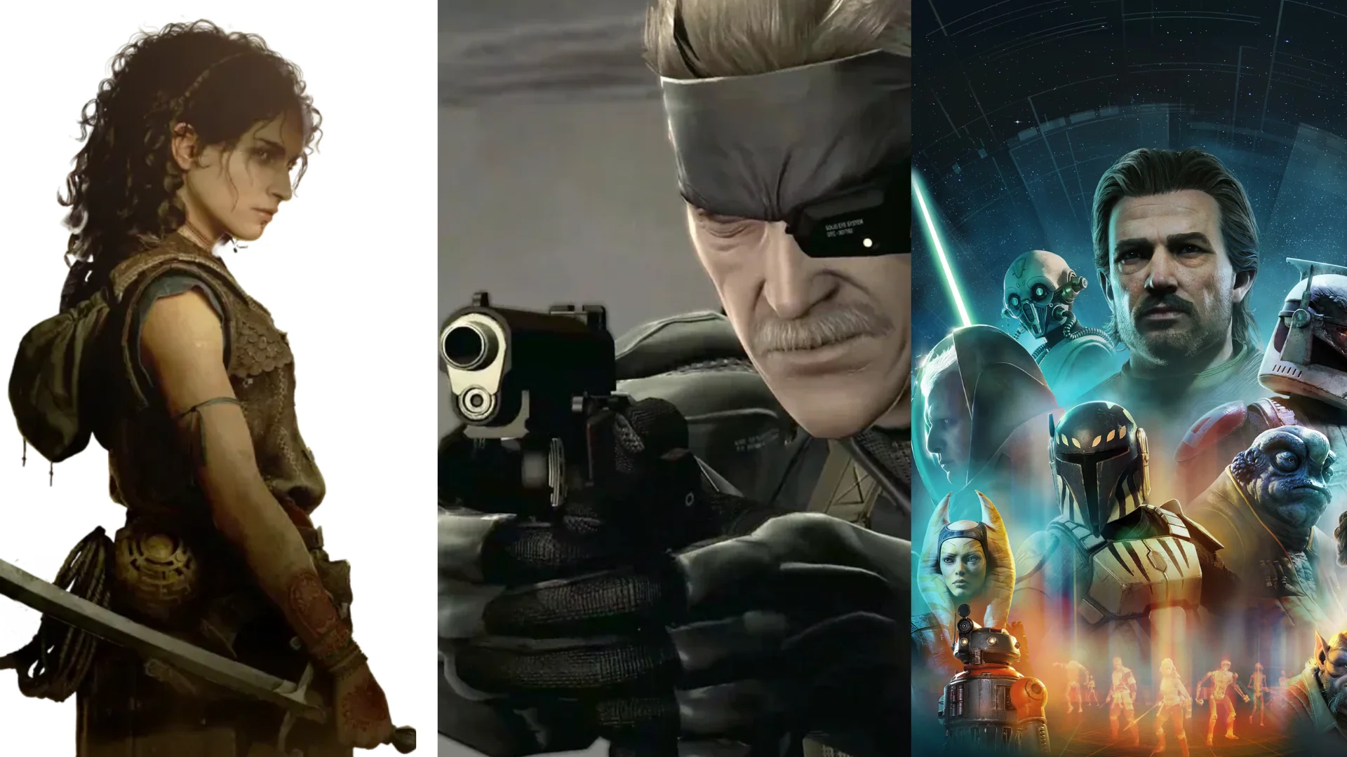 Collage featuring Resonance: A Plague Tale Legacy, Metal Gear Solid 4, and Star Wars Zero Company artwork.