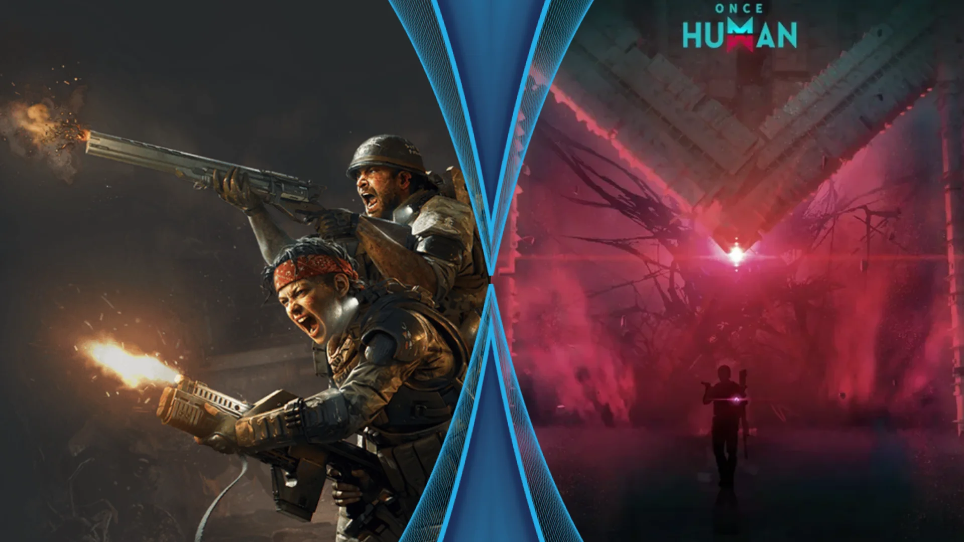 Collage showing armed Aliens: Fireteam Elite 2 marines beside red Once Human promotional artwork.