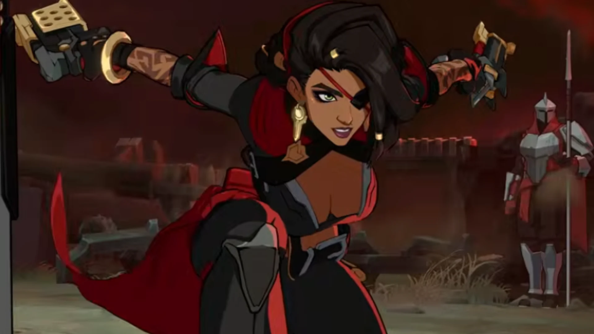 Samira poses with weapons drawn in promotional artwork for 2XKO