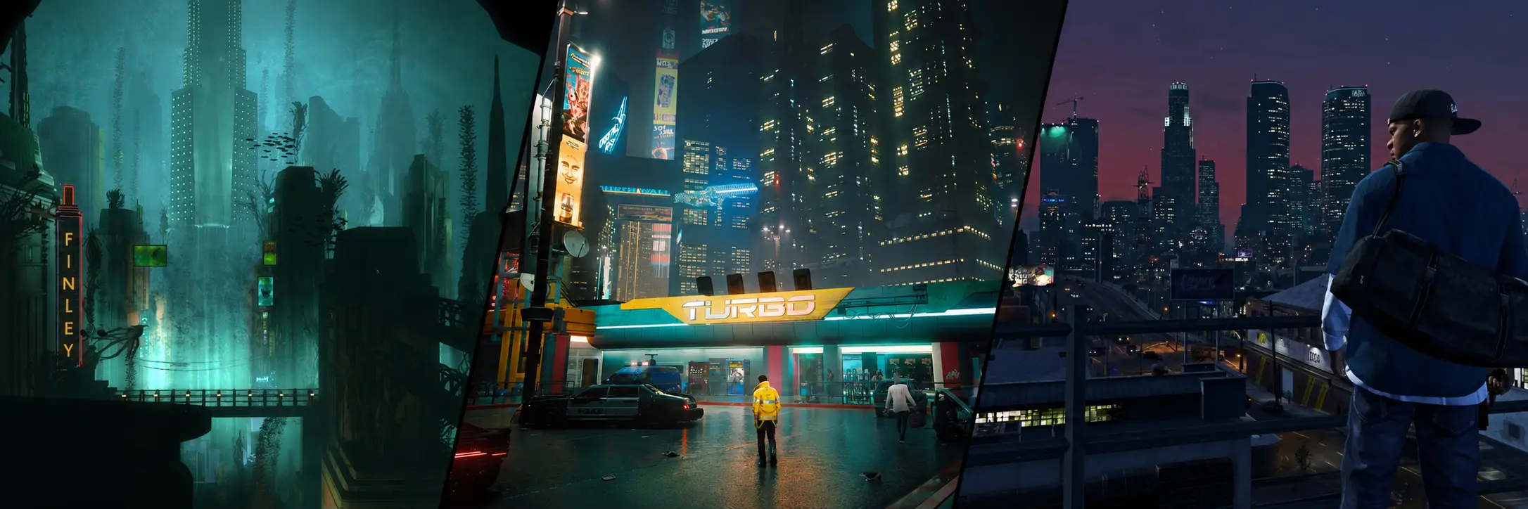 A three-panel collage showing Rapture from BioShock, Night City from Cyberpunk 2077 and Los Santos with Franklin Clinton from Grand Theft Auto V.