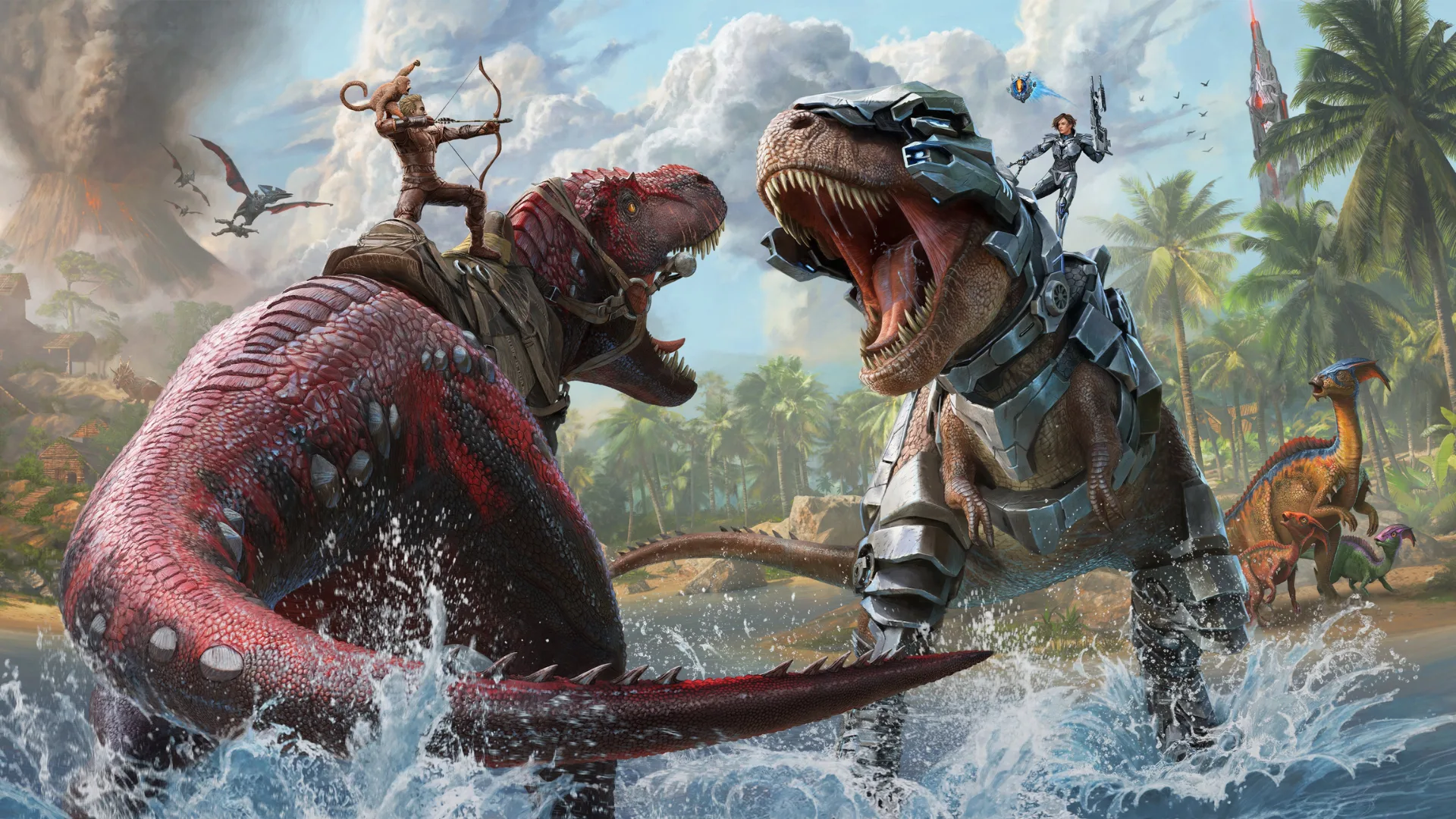 Armored dinosaurs and survivors battle near a tropical shoreline in ARK: Survival Ascended