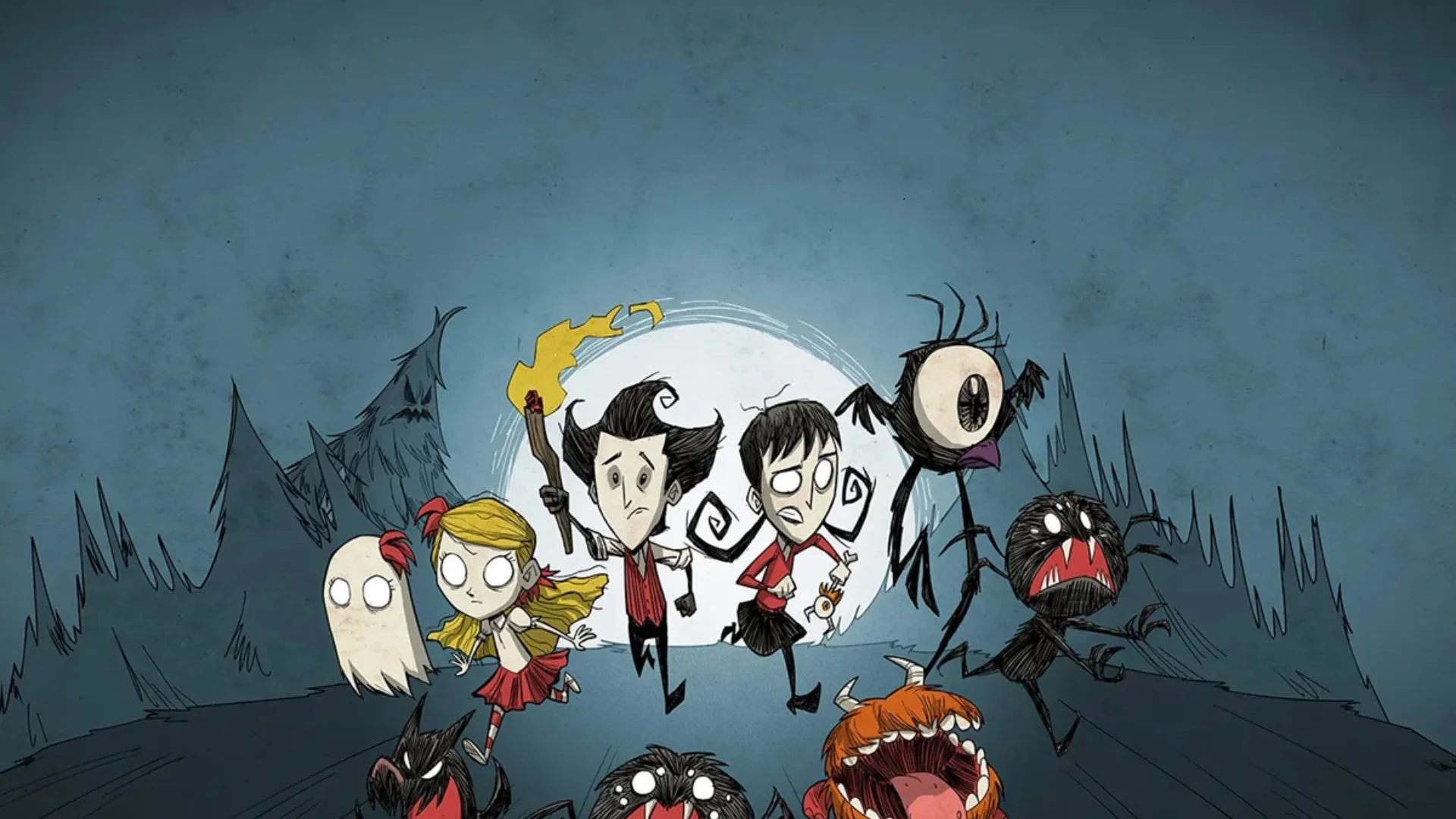 Don't Starve Together survivors flee from shadow creatures beneath a full moon