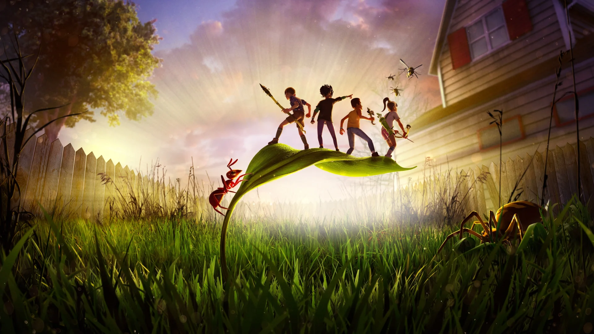 Four Grounded characters stand on a giant leaf surrounded by insects in a backyard