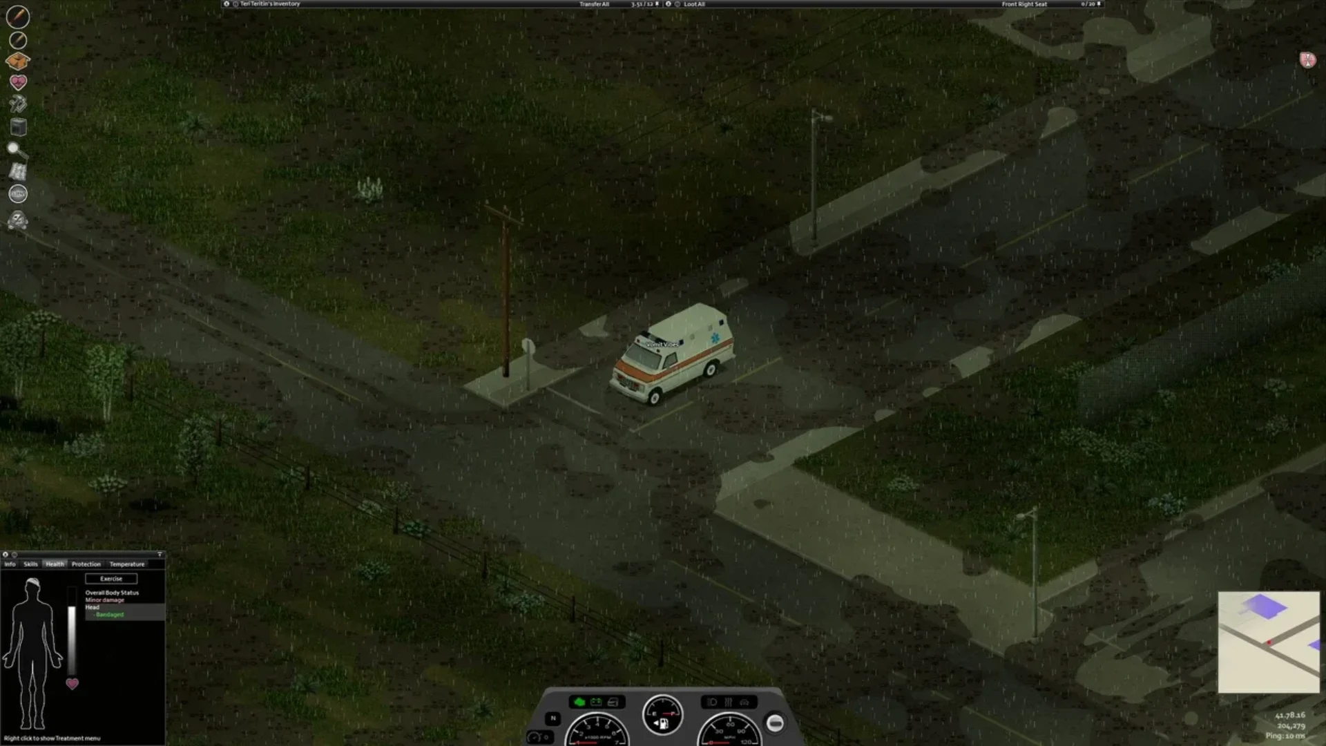 An ambulance sits on a dark road during heavy rain in Project Zomboid