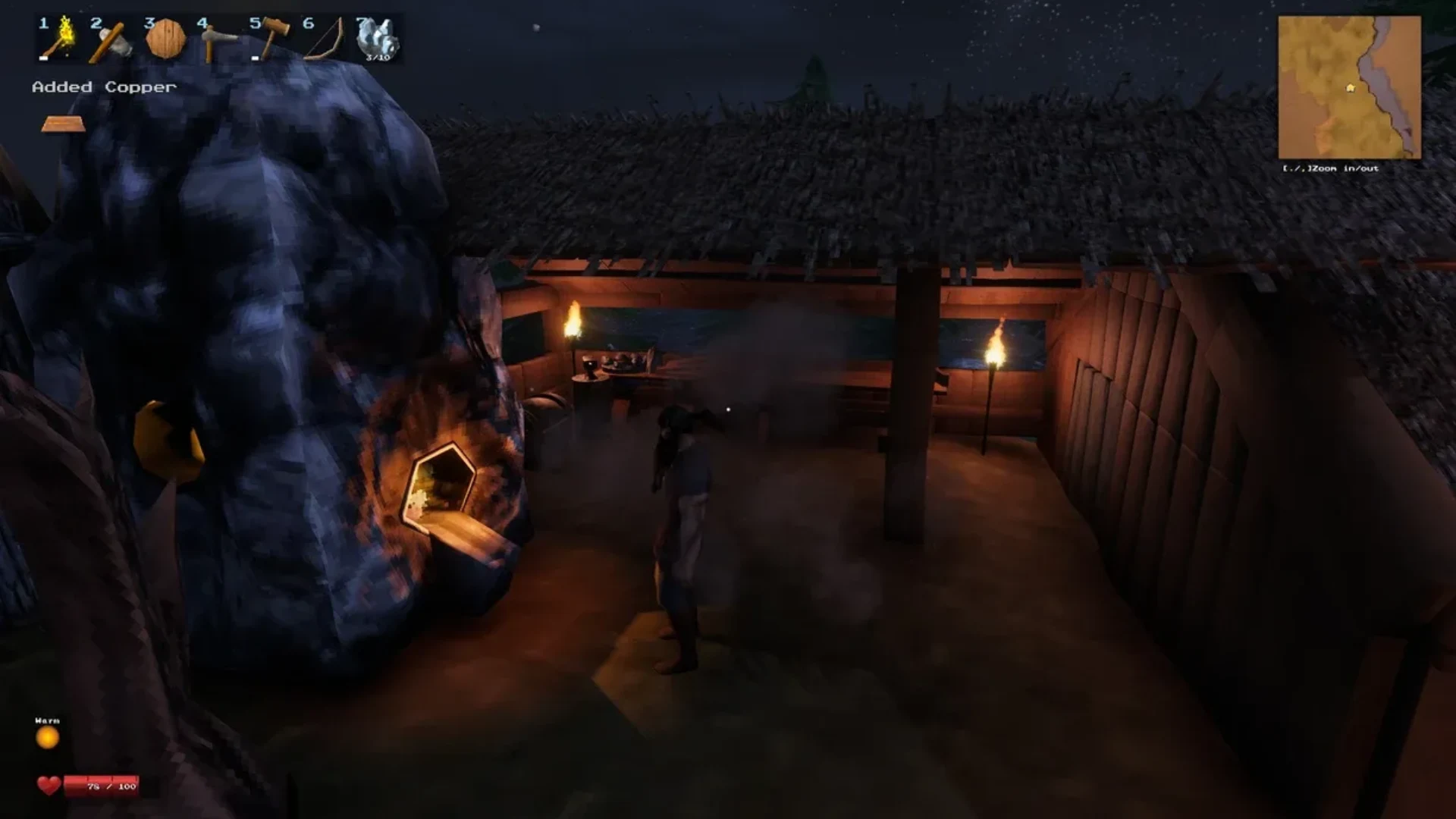 Valheim player smelts copper beside a forge inside a torch-lit wooden shelter