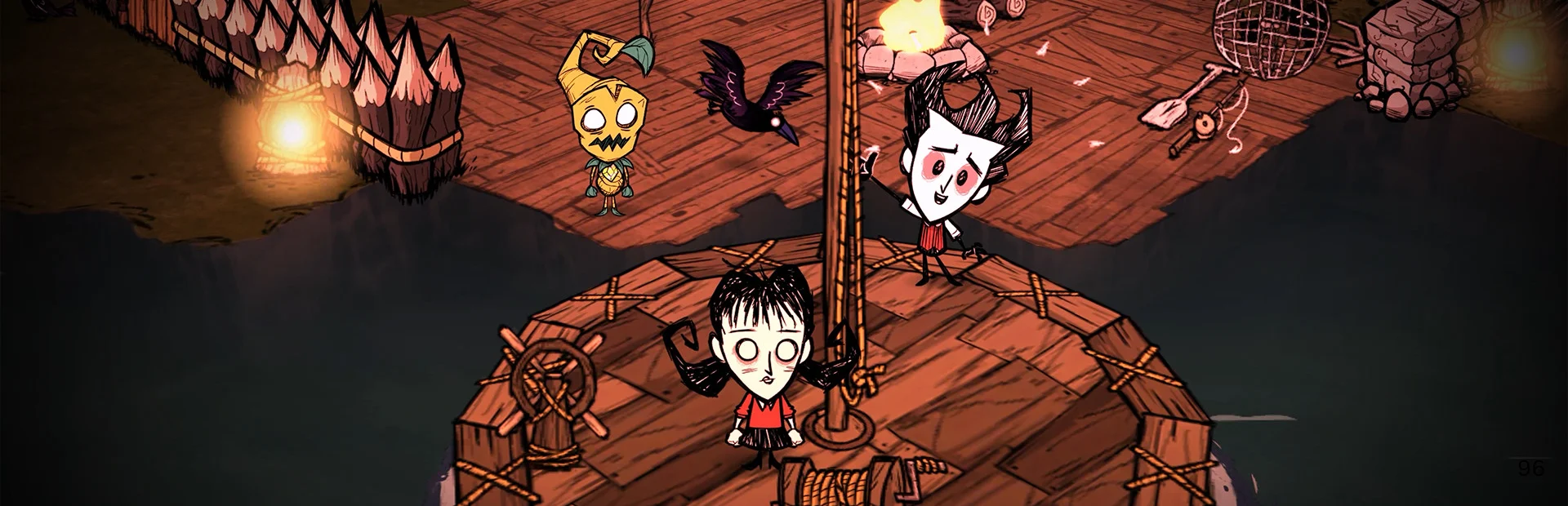 Characters gather on a wooden raft at night in Don't Starve Together