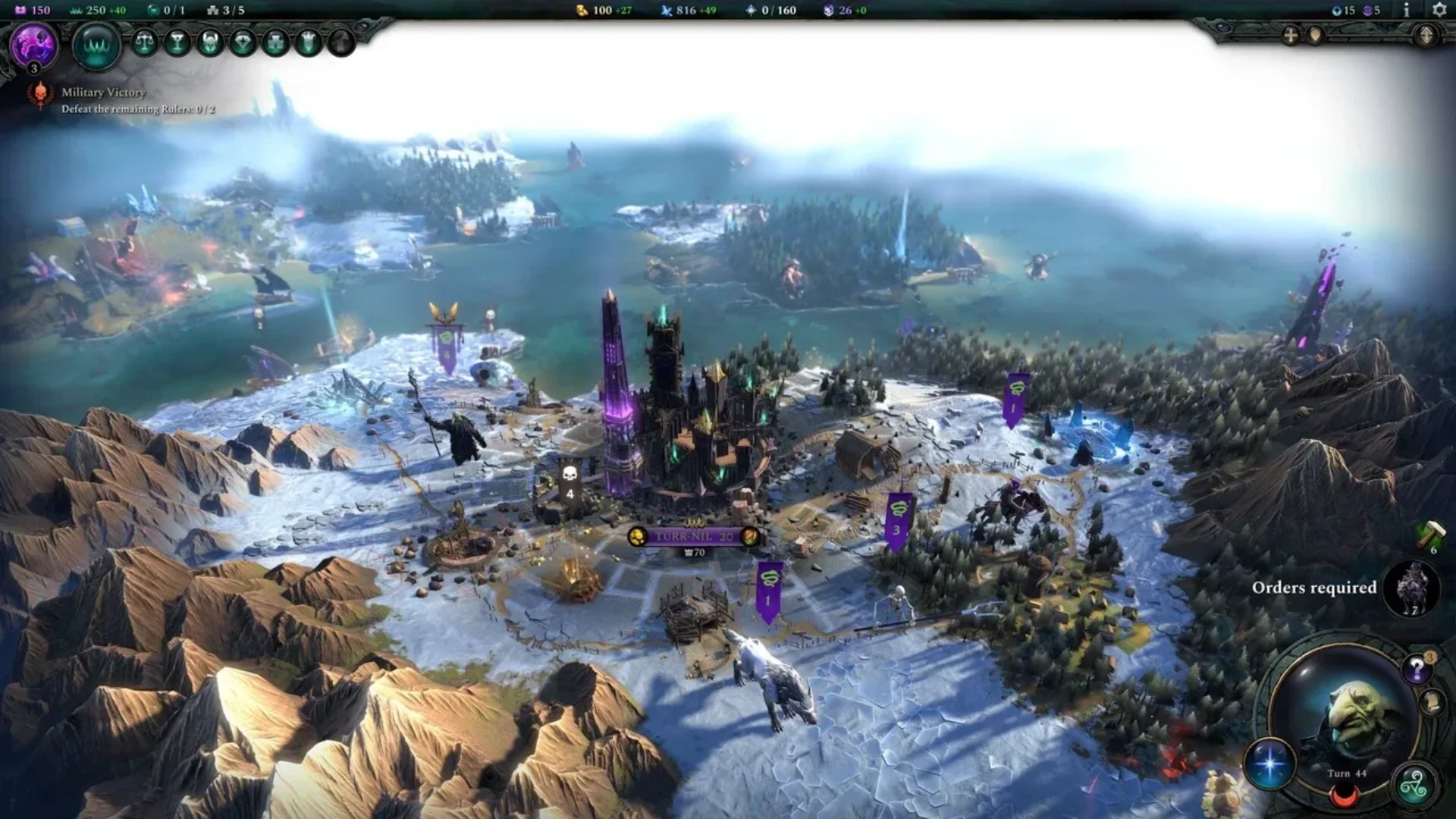 A snowy fantasy realm with cities, armies and magical structures on the strategic map in Age of Wonders 4