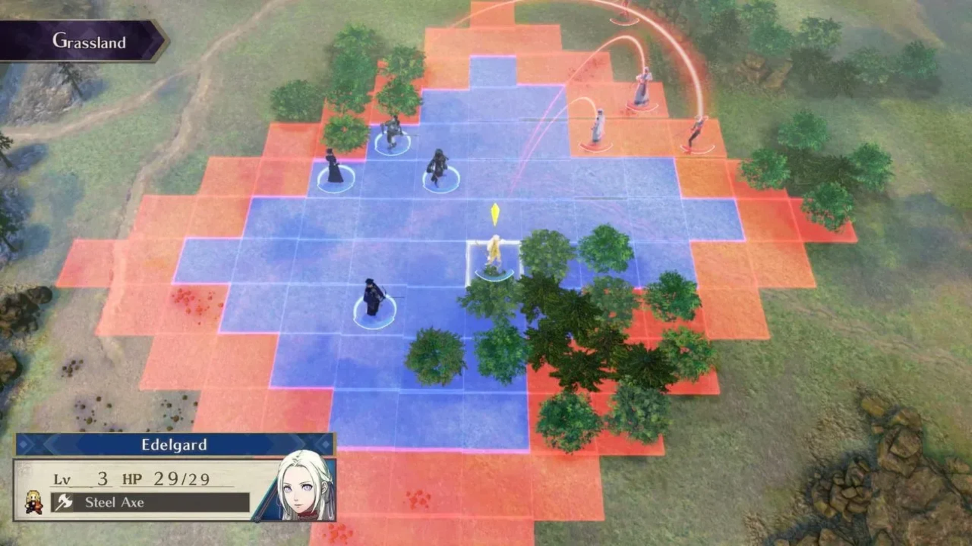 Edelgard stands on a tactical grid with allied and enemy units positioned across grassland in Fire Emblem: Three Houses.