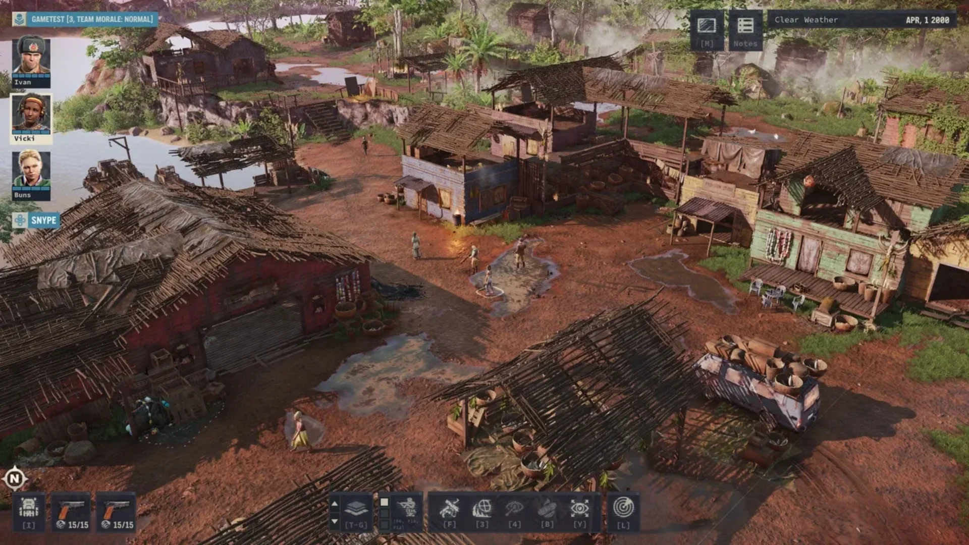 A mercenary squad moves through a rural settlement with wooden buildings and muddy roads in Jagged Alliance 3.