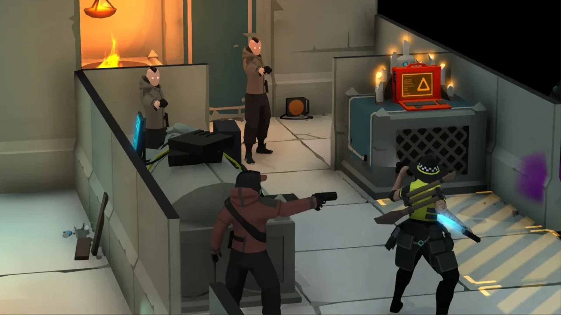 A Tactical Breach Wizards operative faces several armed enemies inside a compact industrial room.