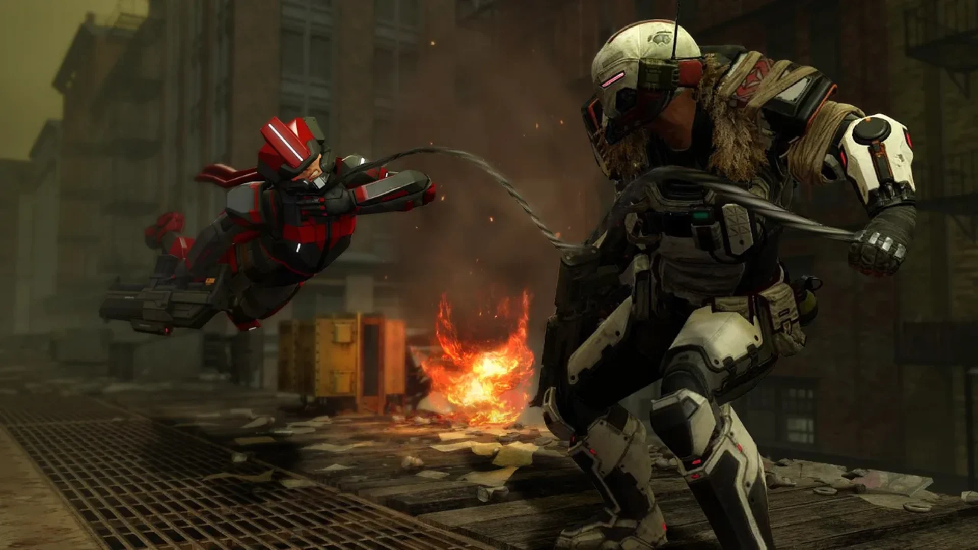 Two armored combatants clash at close range in a damaged urban environment during XCOM 2.
