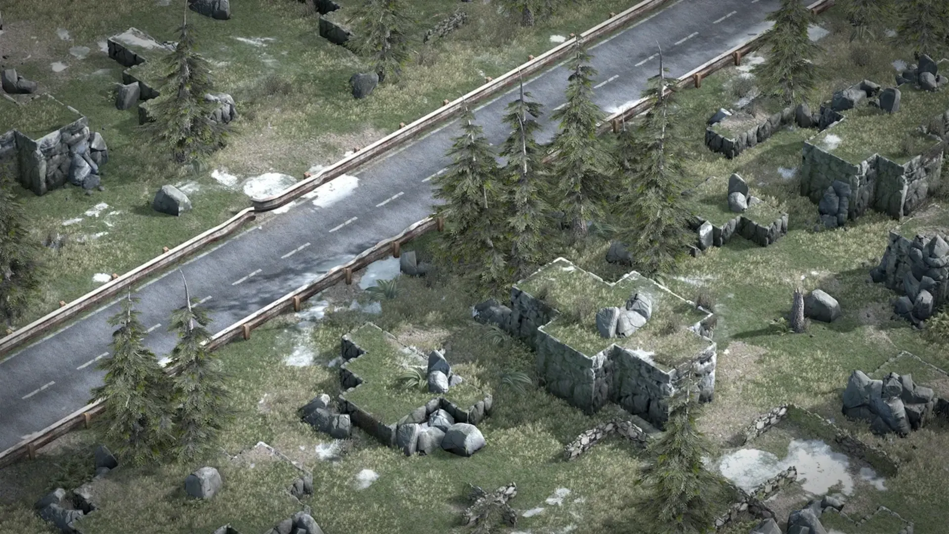 An isometric Xenonauts 2 battlefield shows a road, pine trees, rocky terrain and ruined stone structures.