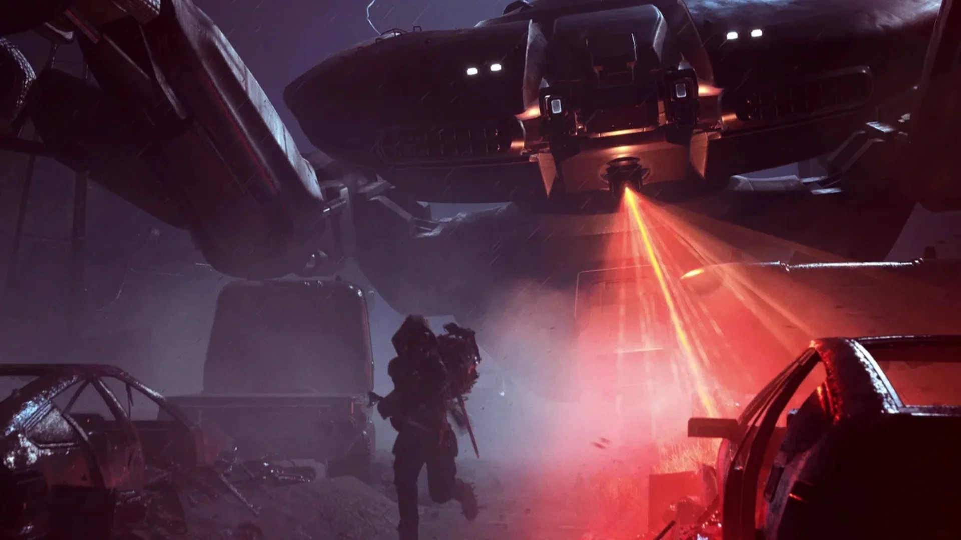 ARC Raiders character aiming a weapon at enemies in a courtyard below