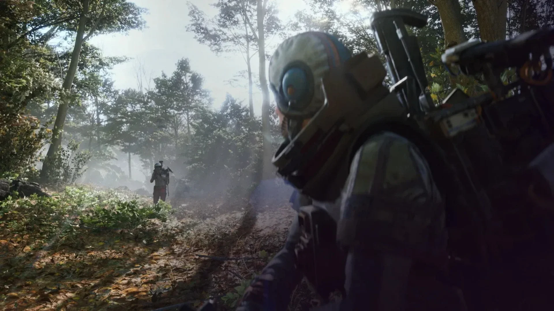 Two ARC Raiders characters moving through a wooded area with weapons and equipment