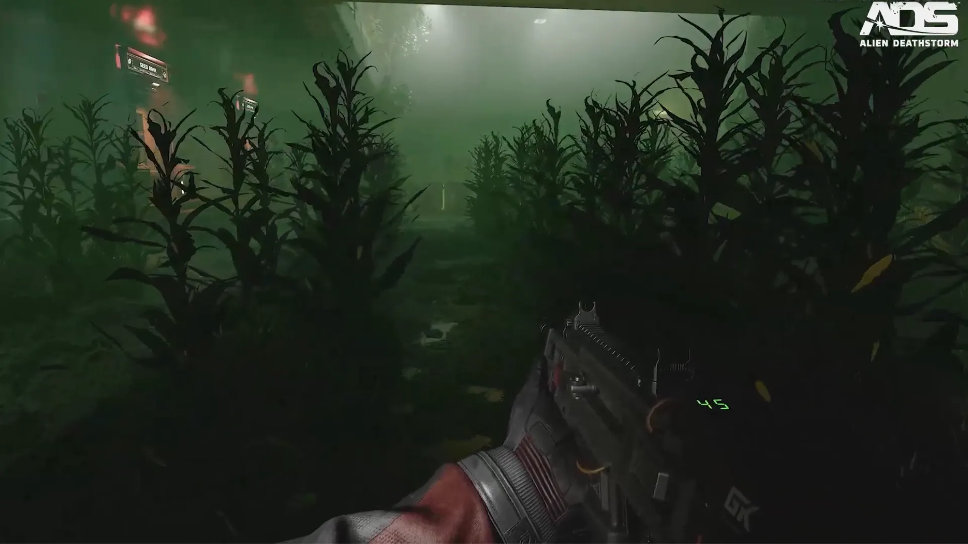 A player aims a rifle while moving through a dark cornfield in first-person Alien Deathstorm gameplay.