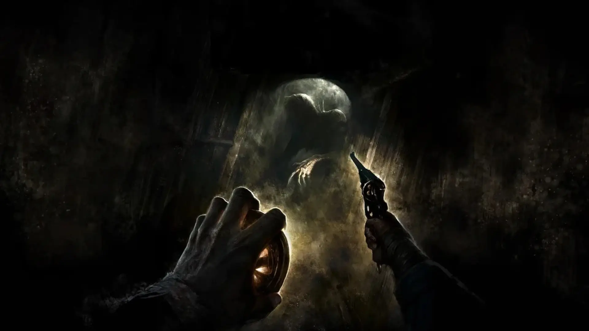 The player holds a revolver and lantern while a monster emerges from the darkness in Amnesia: The Bunker.