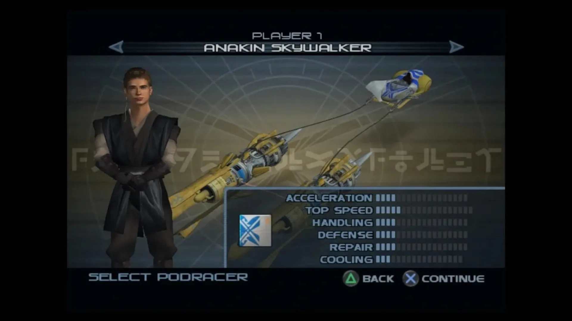 Anakin Skywalker shown on the podracer selection screen in Star Wars Racer Revenge