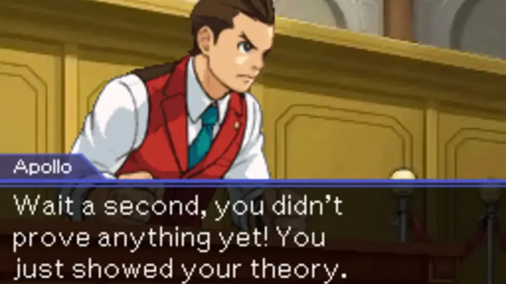 Apollo Justice arguing a case in an Ace Attorney courtroom