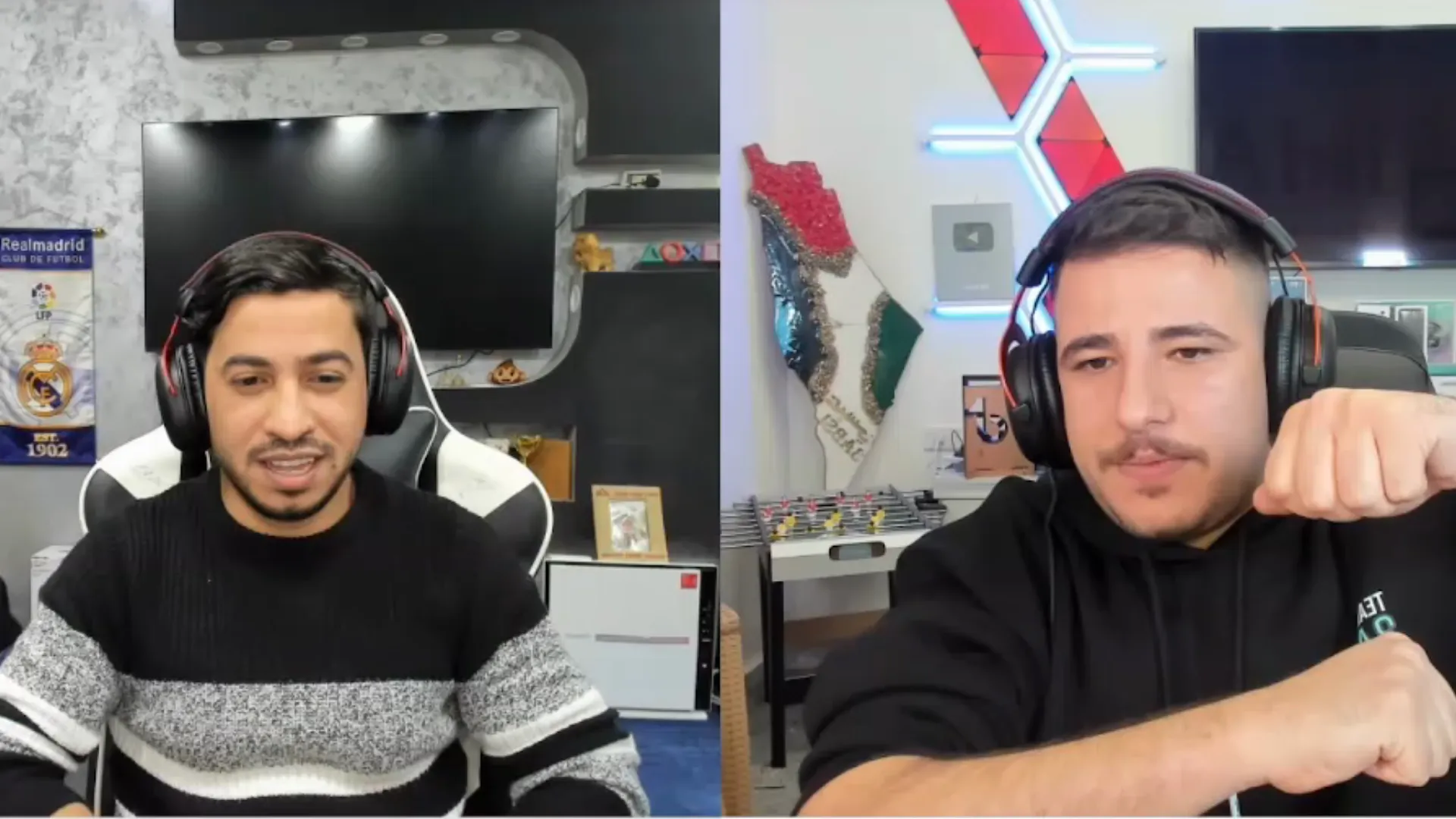 Two Arabic-speaking streamers talking during a split-screen livestream