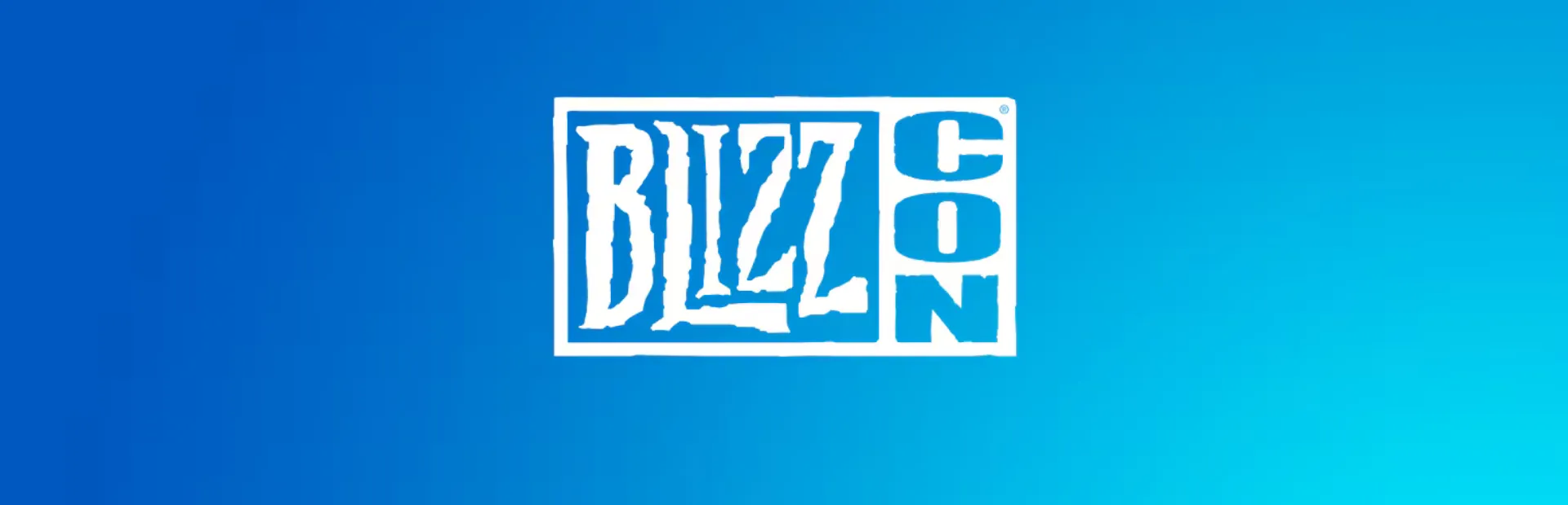 White BlizzCon logo centered on a blue gradient background