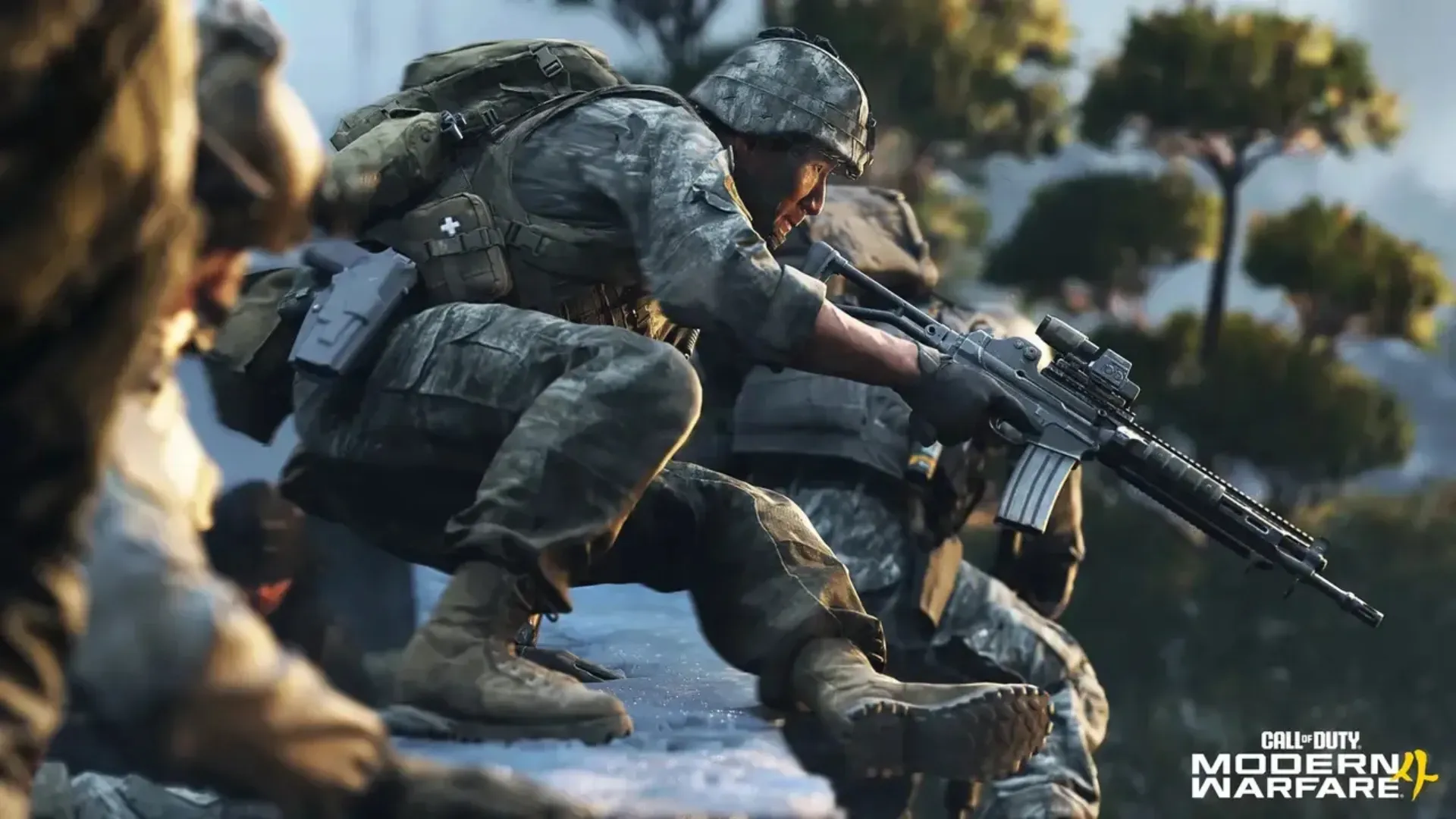 Soldiers take cover with rifles during a battle in Call of Duty: Modern Warfare 4.