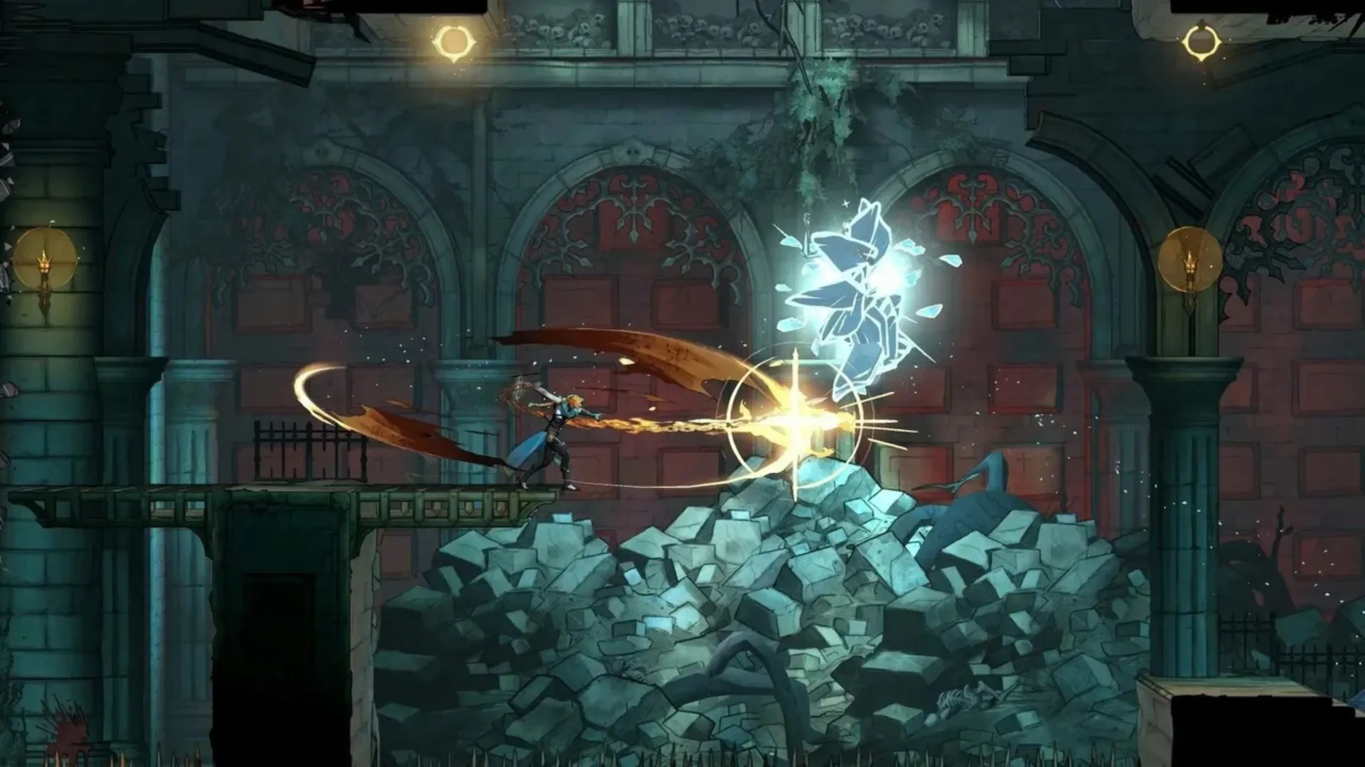 Rose Belmont attacks an enemy inside a ruined gothic hall in Castlevania: Belmont's Curse