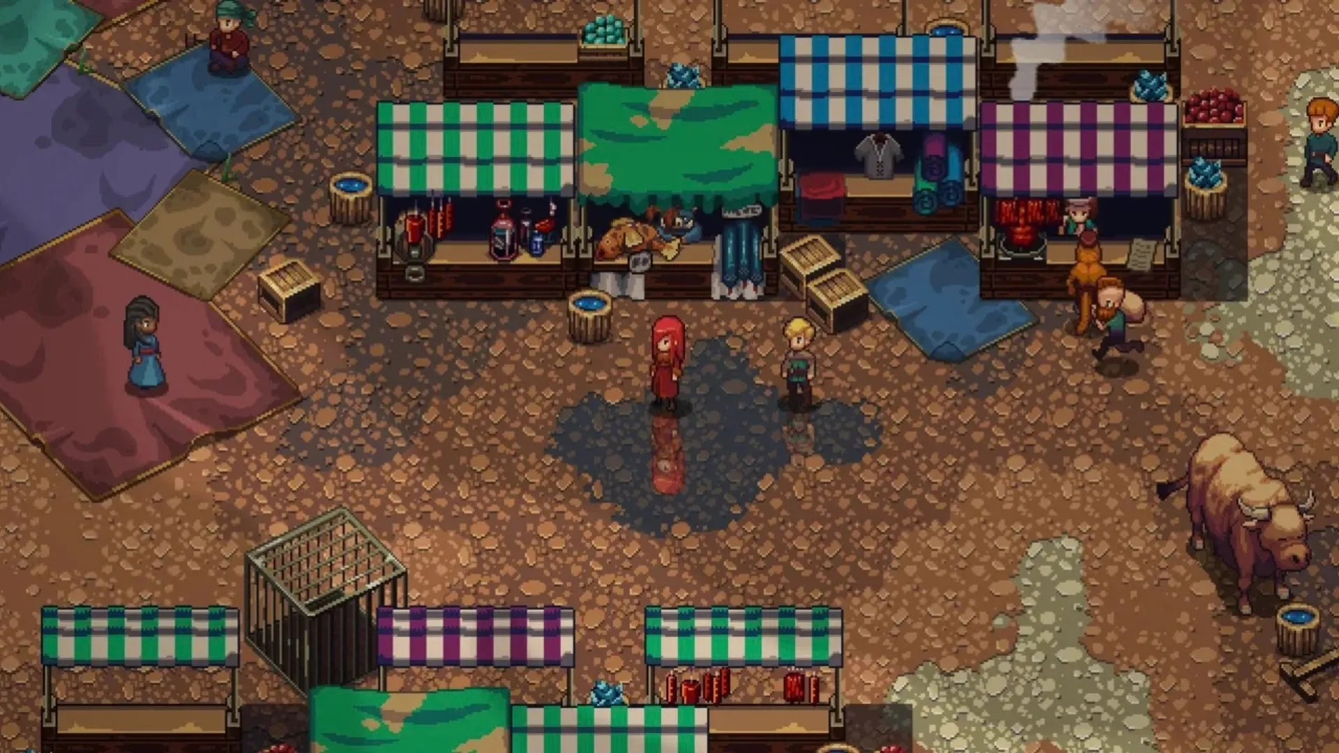 Characters stand among market stalls in the pixel-art world of Chained Echoes