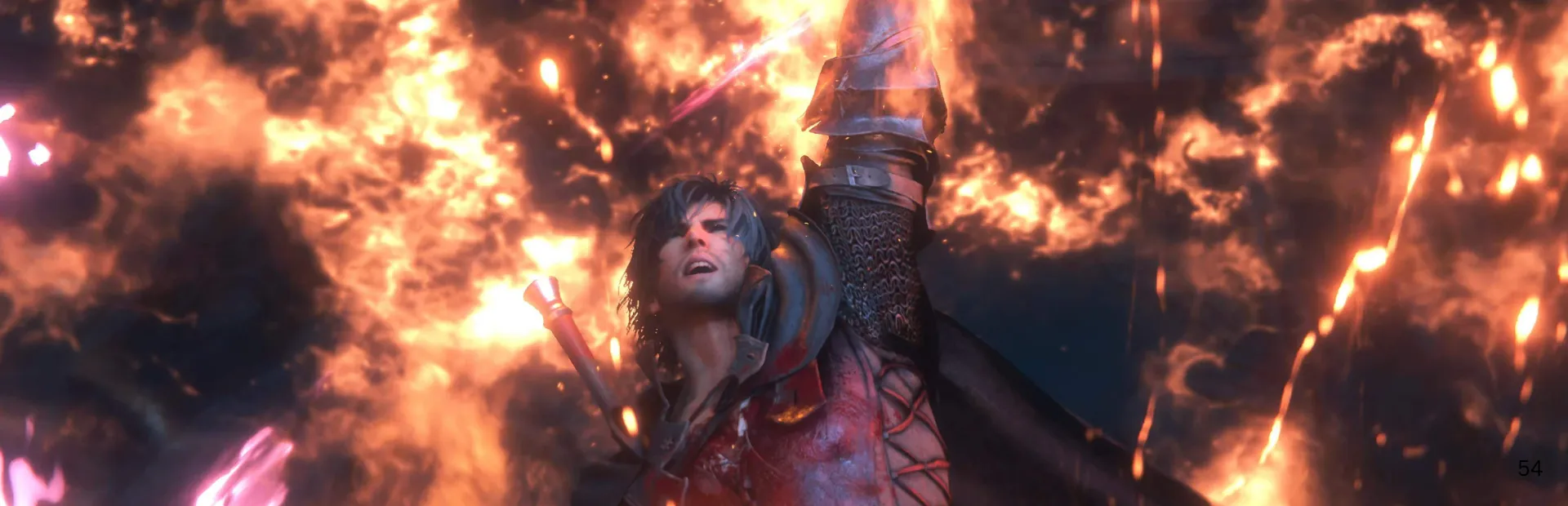 A dark-haired warrior in a red and black coat lifting a large sword while surrounded by fire and embers.