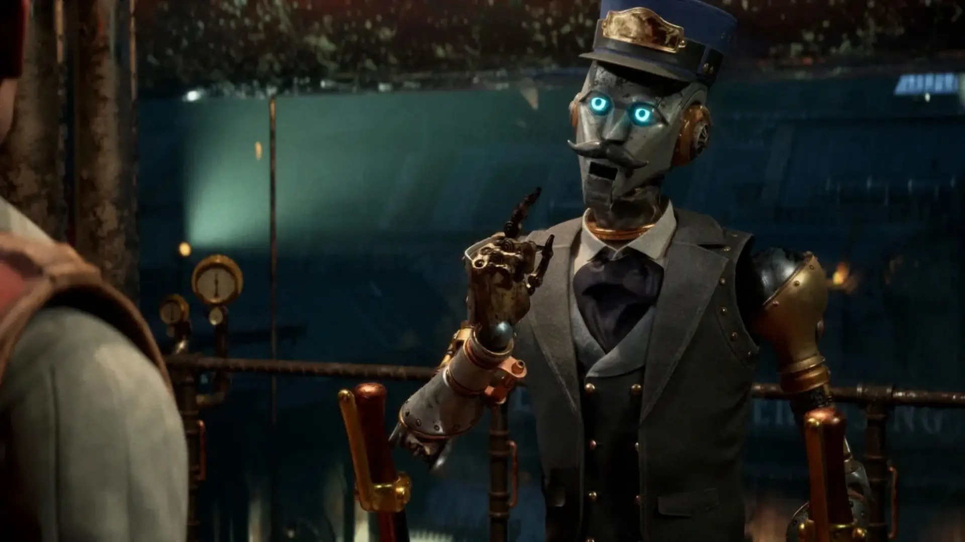 A mustached mechanical character in a suit raises one finger in Clockwork Revolution