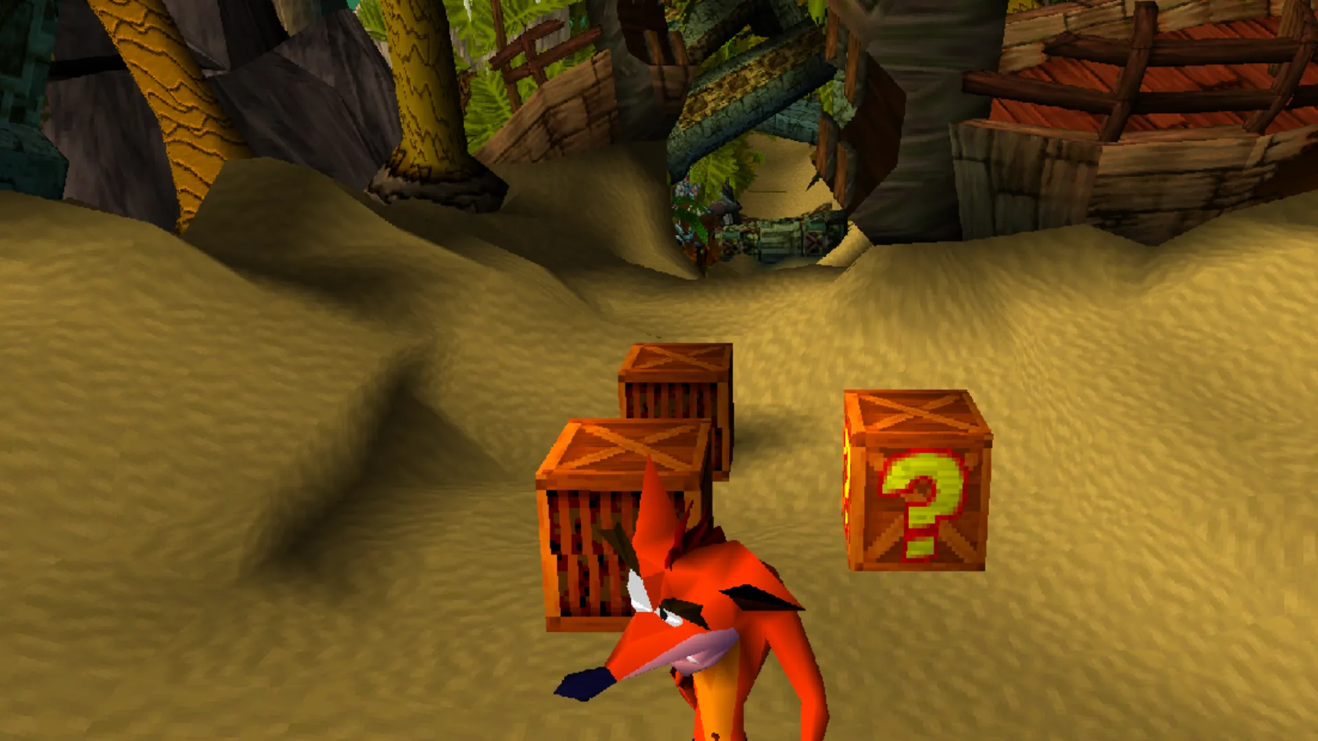 Crash Bandicoot standing beside crates and a question-mark box