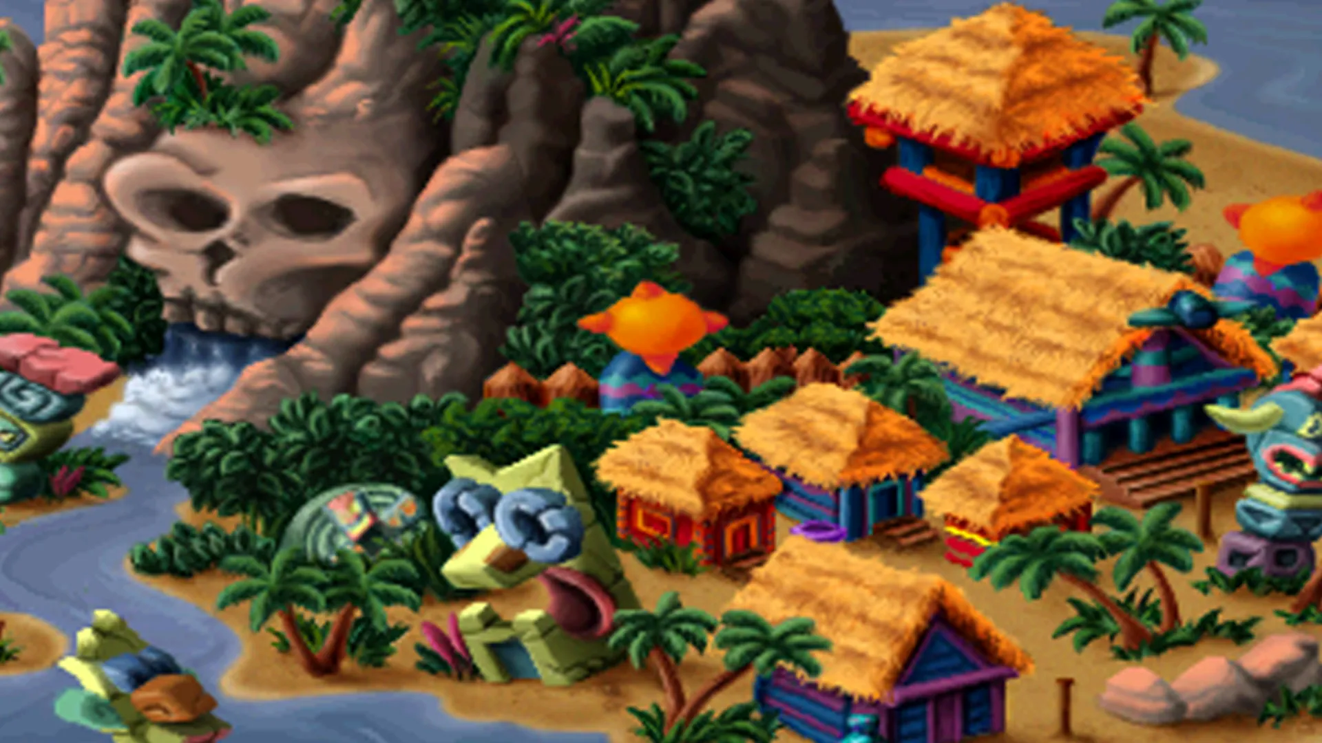 Crash Bandicoot world map with tropical huts and a skull-shaped mountain